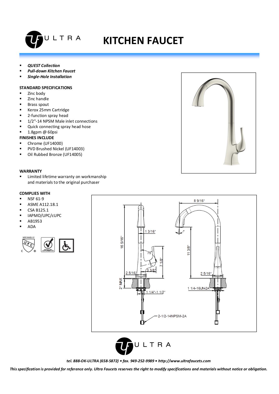 Ultra Faucets LTR10042 Specifications - ManualMachine.com