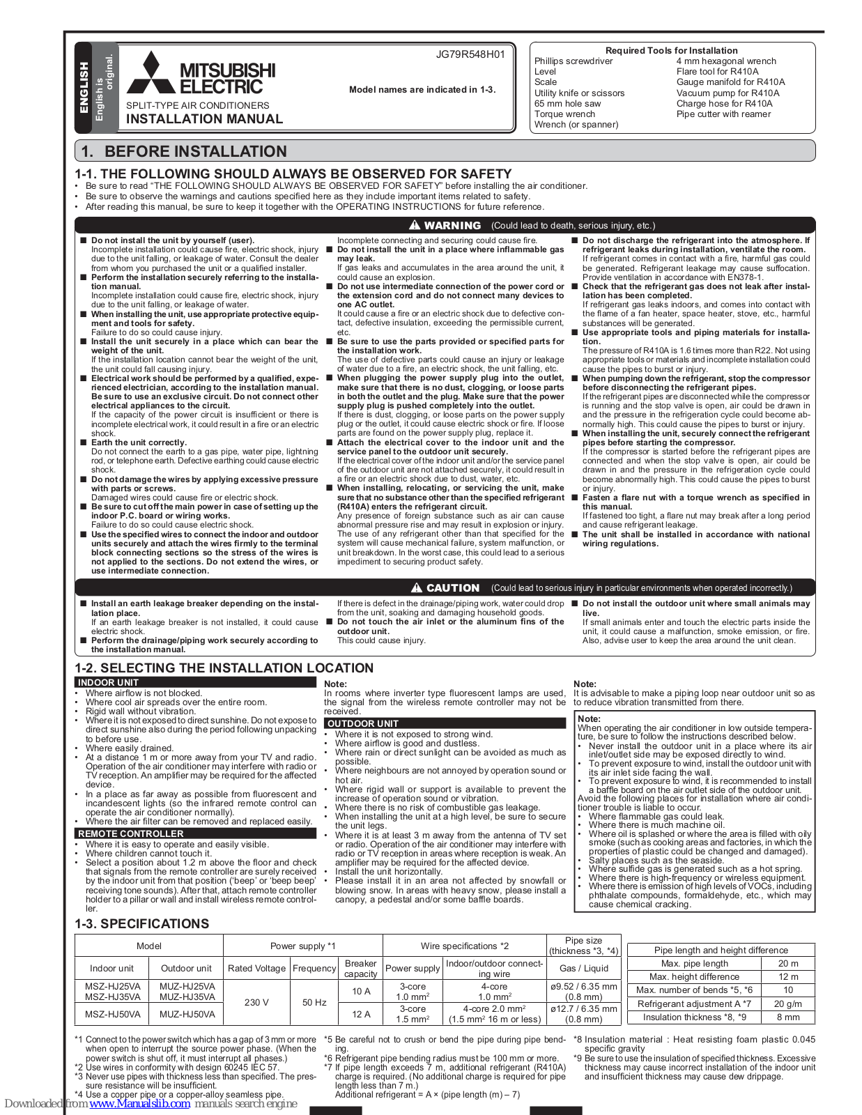 Mitsubishi Electric JG79R548H01 Installation Manual