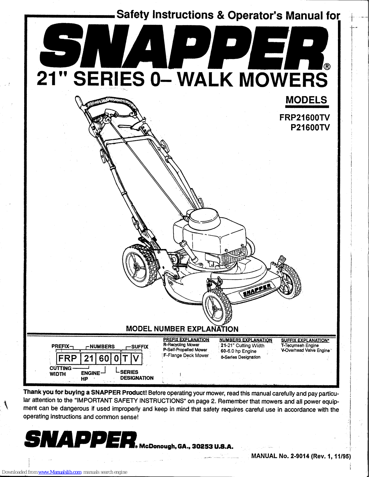 Snapper FRP21600TV, P21600TV Safety Instructions & Operator's Manual