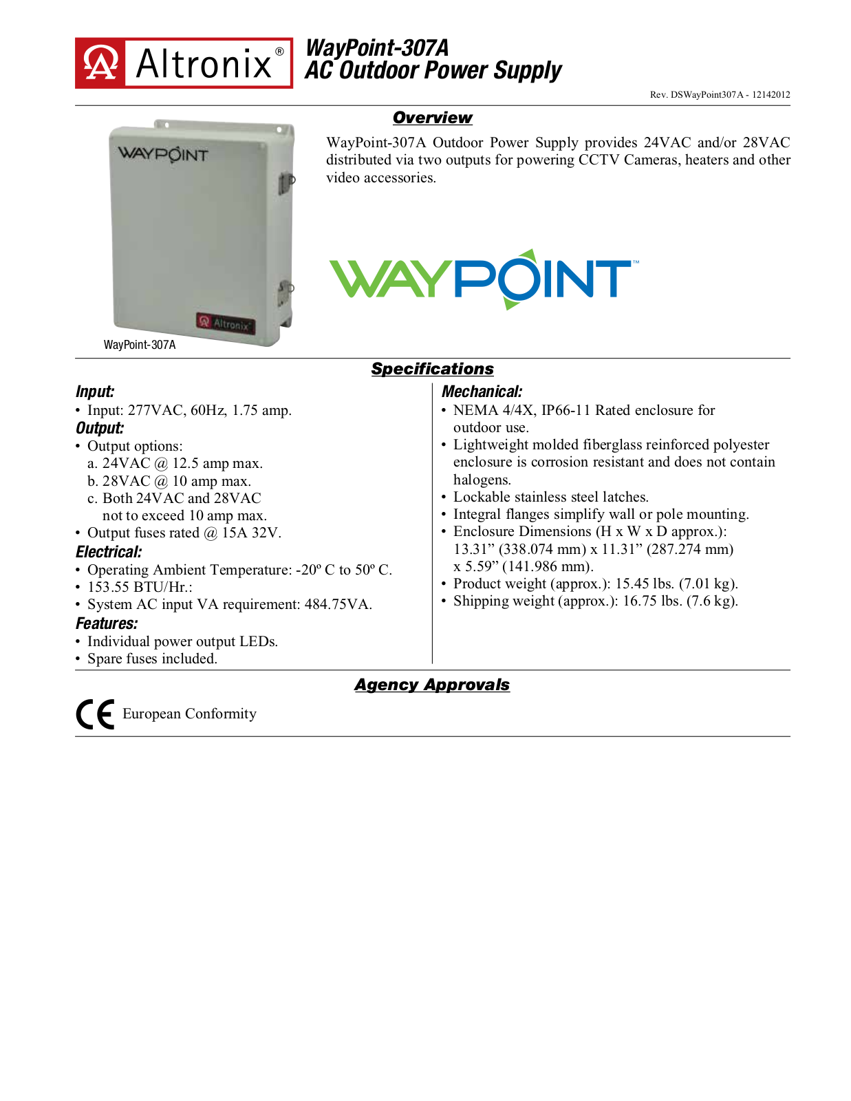 Altronix WayPoint-307A Data Sheet