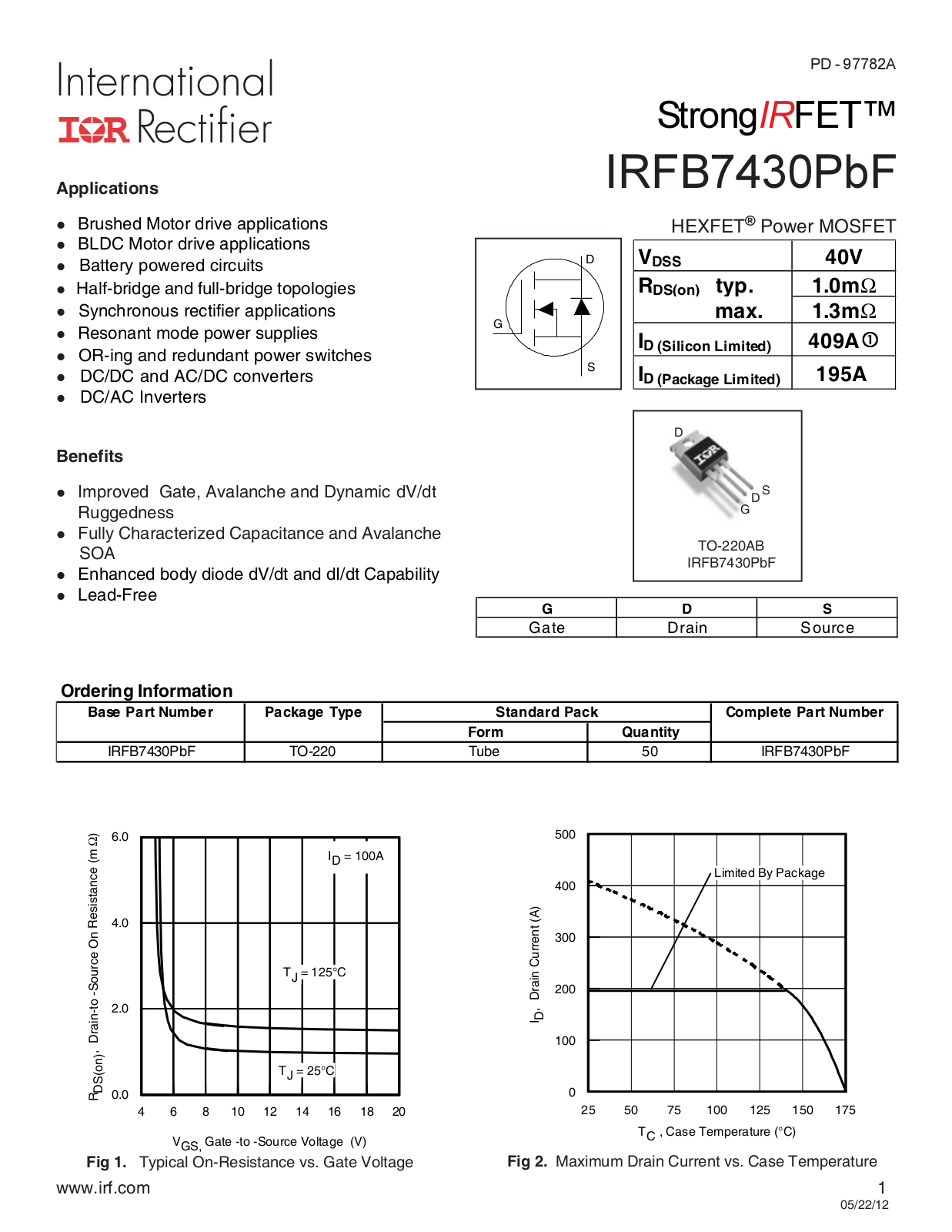 Datasheet IRFB 7430pbf Datasheet - ManualMachine.com
