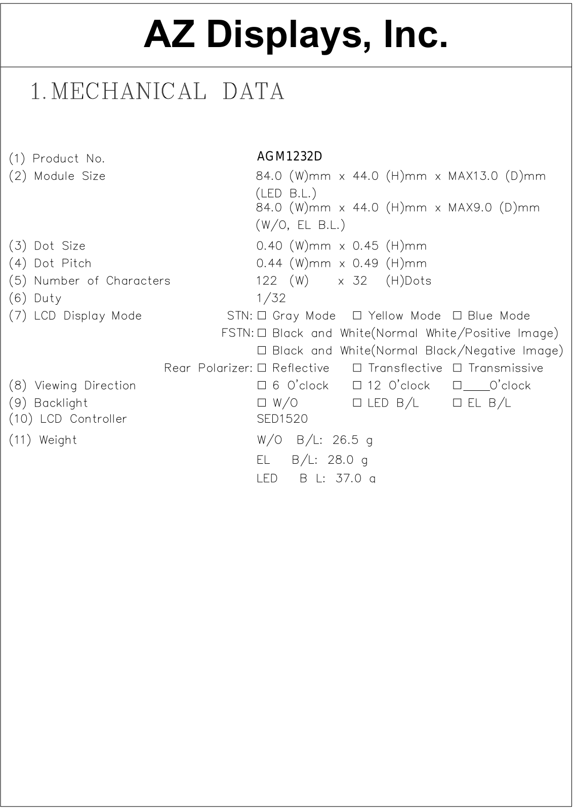 AZDIS AGM1232D-RLYTW-T, AGM1232D-RLYTS-T, AGM1232D-RLYTH-T, AGM1232D-RLYTD-T, AGM1232D-RLYBW-T Datasheet