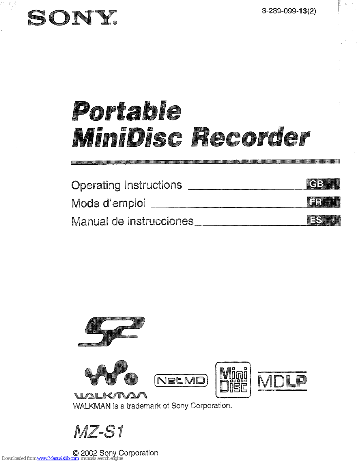 Sony walkman MZ-S1 Operating Instructions Manual