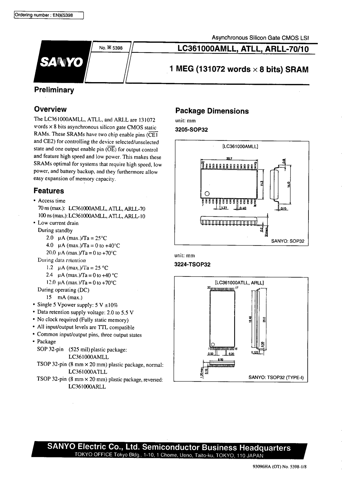 SANYO LC361000ATLL-10, LC361000ARLL-70, LC361000ARLL-10, LC361000AMLL-70, LC361000ATLL-70 Datasheet