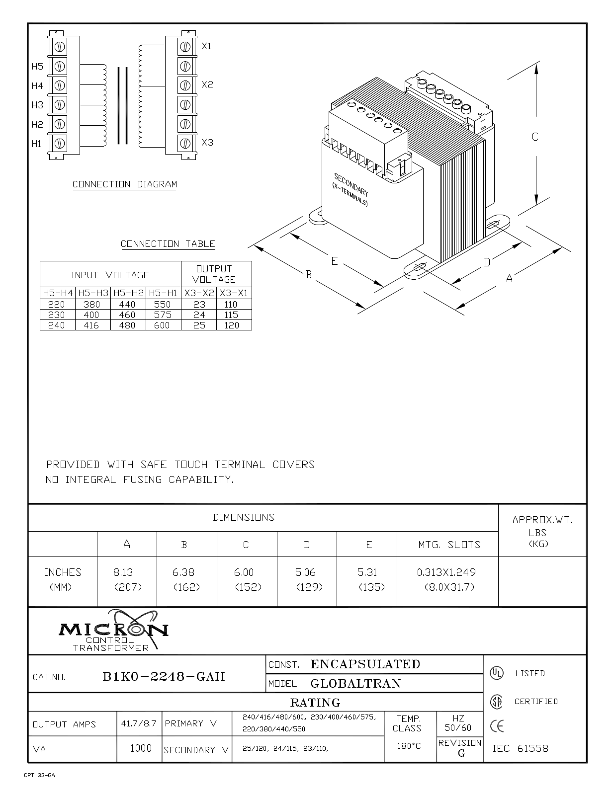 Micron Industries B1K0-2248-GAH Specification Sheet