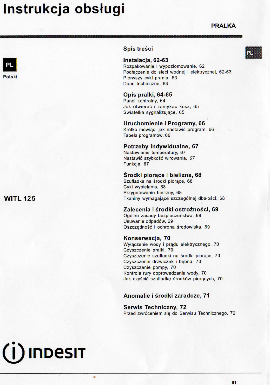 Indesit WITL 125 User Manual