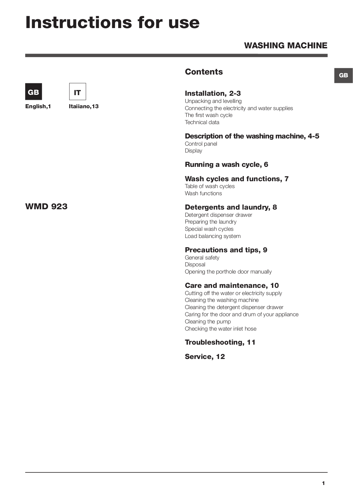 Hotpoint WMD 923BX EU User Manual