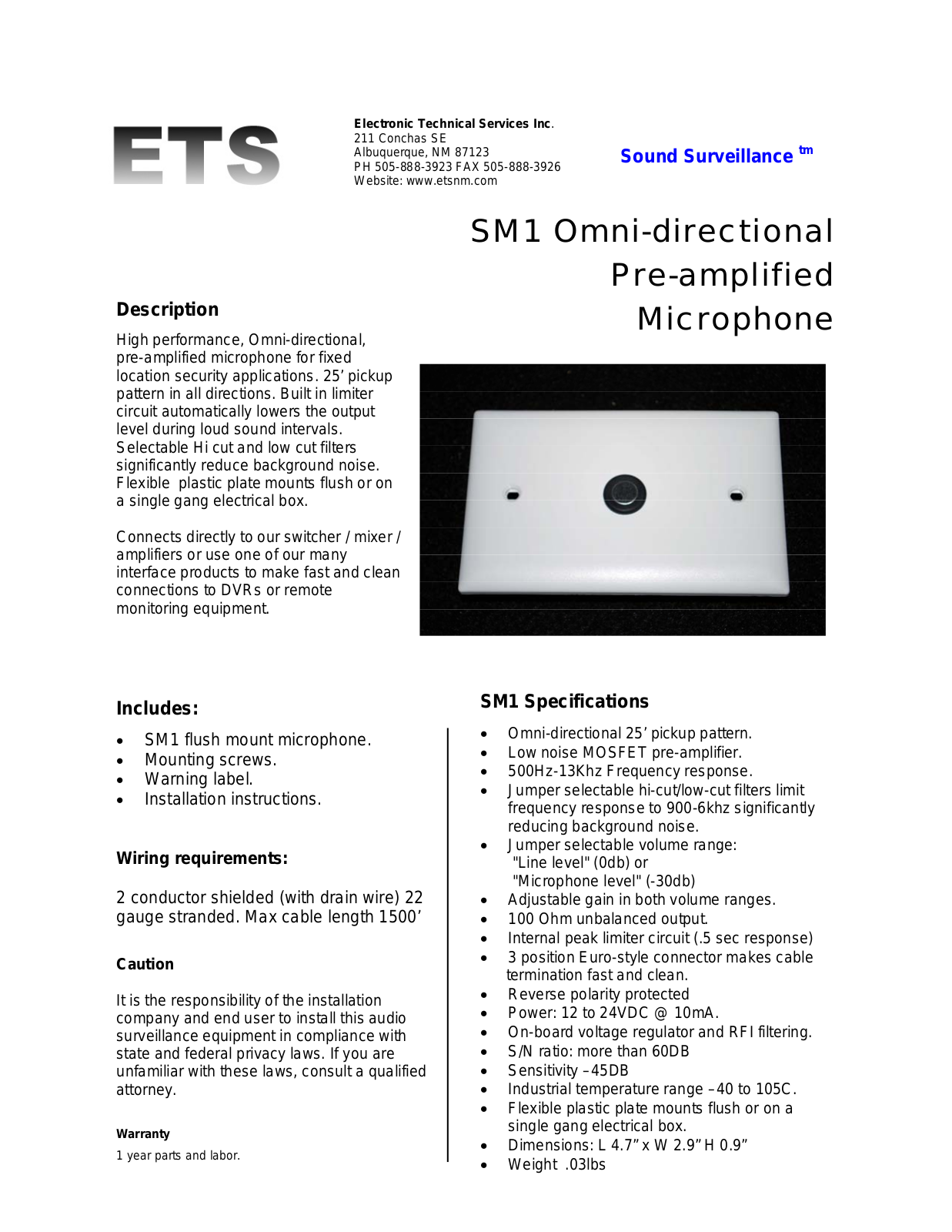 ETS SM1 Specsheet