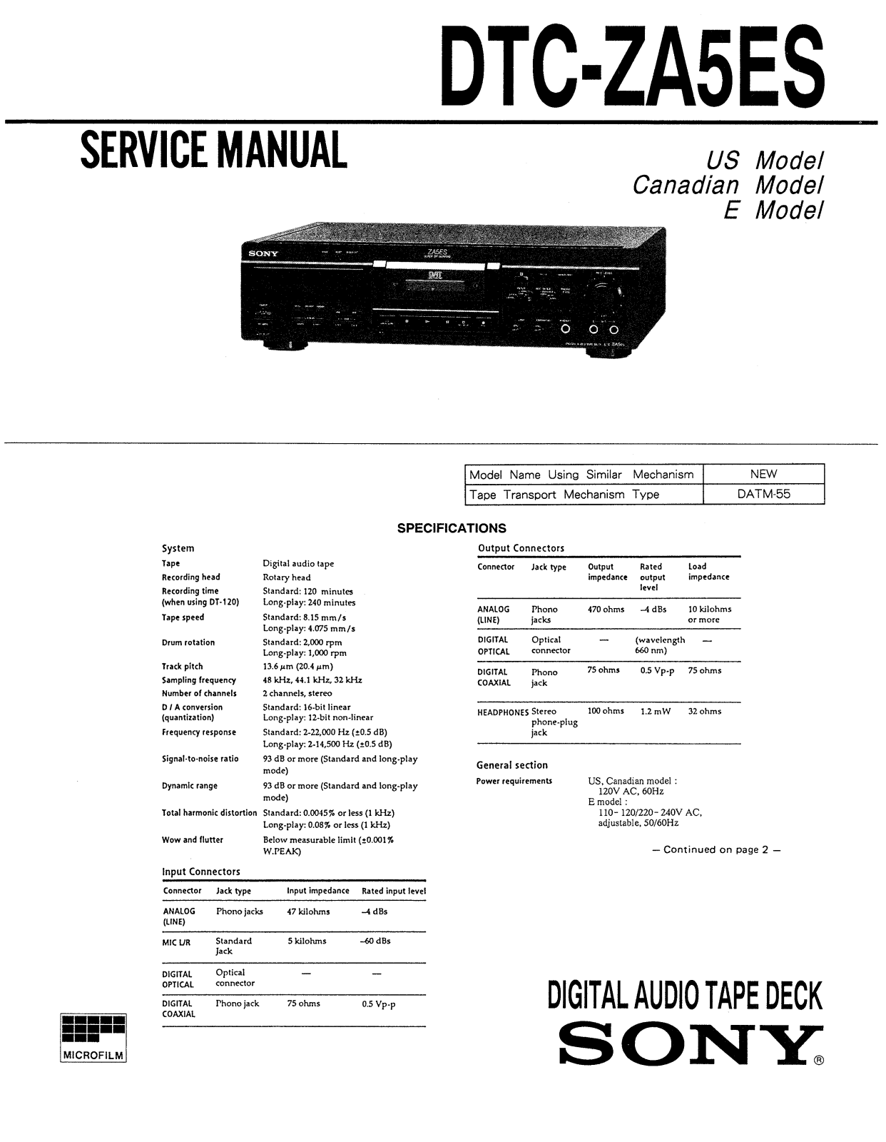 Sony TCD-ZA5ES Service Manual