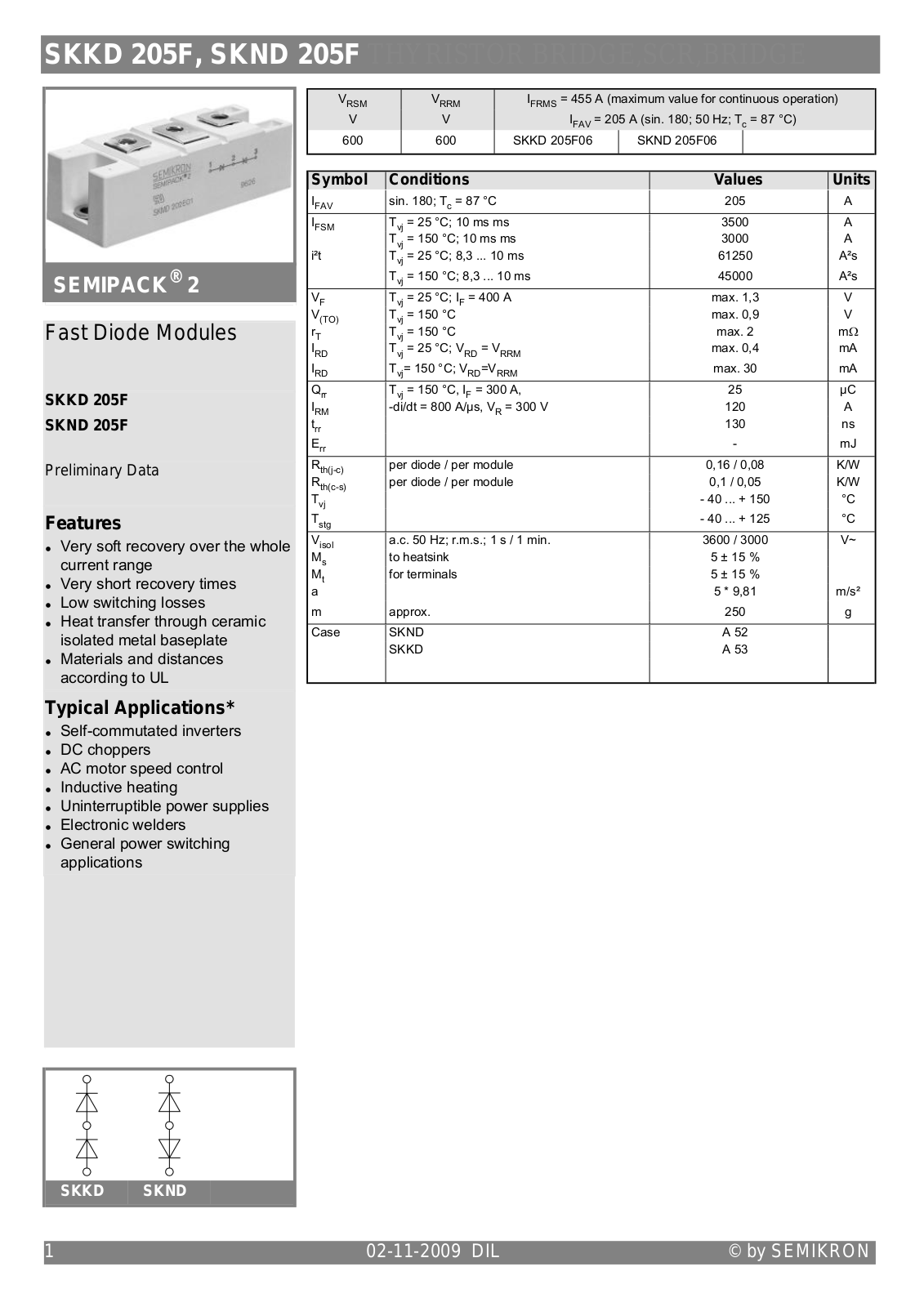 Semikron SKKD 205F, SKND 205F Data Sheet