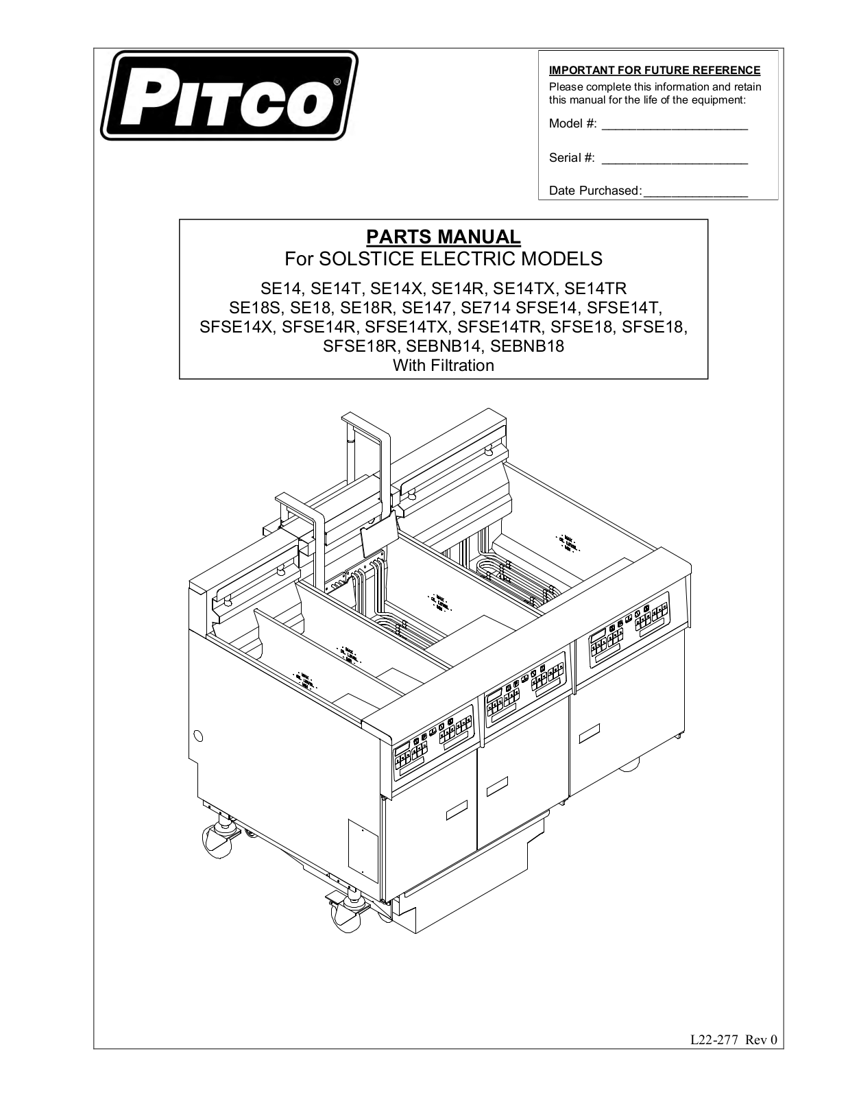 Pitco Frialator SE14, SE14T, SE14X, SE14TX, SE14TR Part Manual