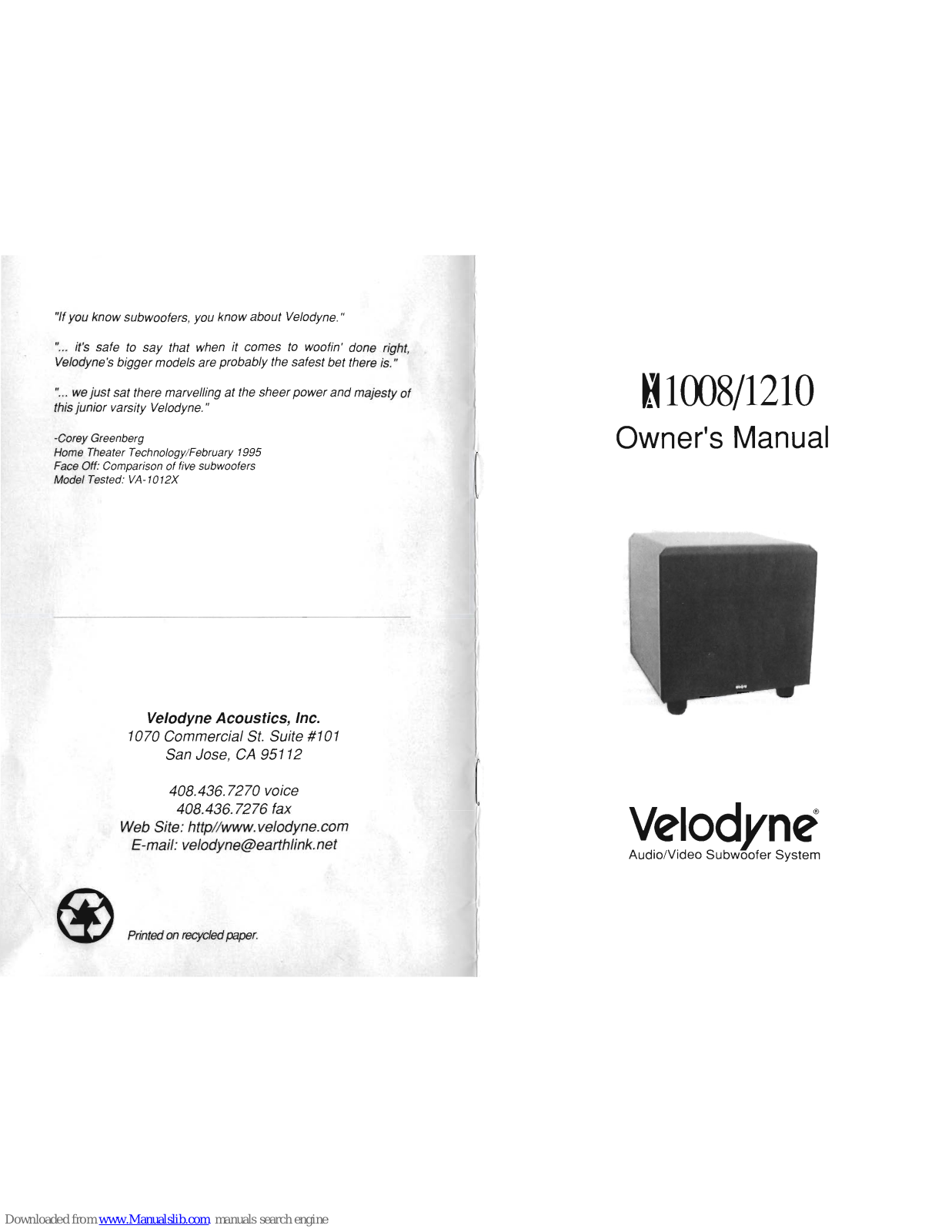 Velodyne 1008, 1210, VA-1008, VA-1210 Owner's Manual