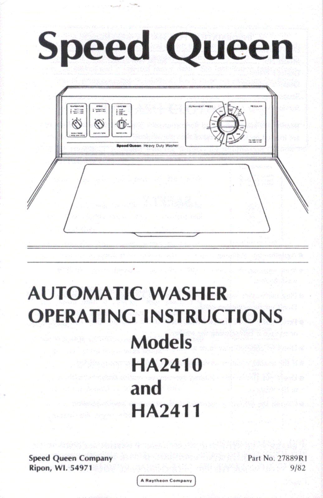 Speed Queen HA2410, HA2411 Owner's Manual