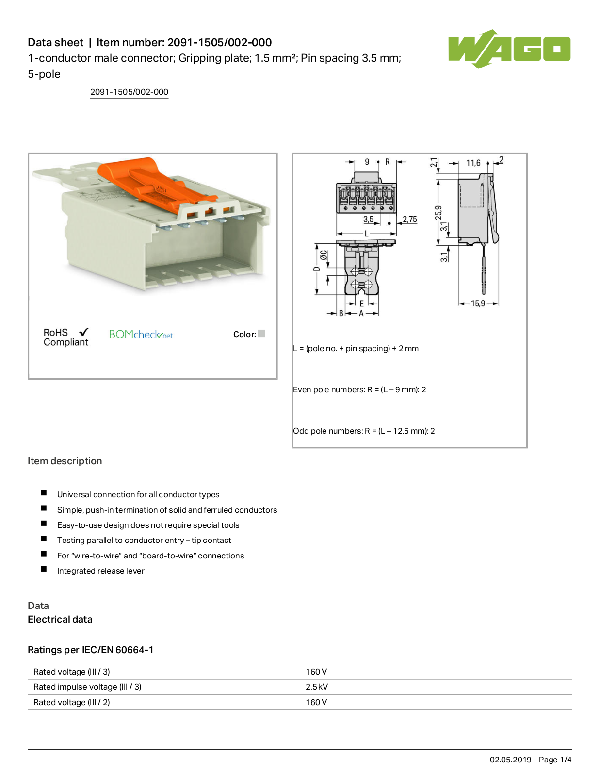 Wago 2091-1505/002-000 Data Sheet