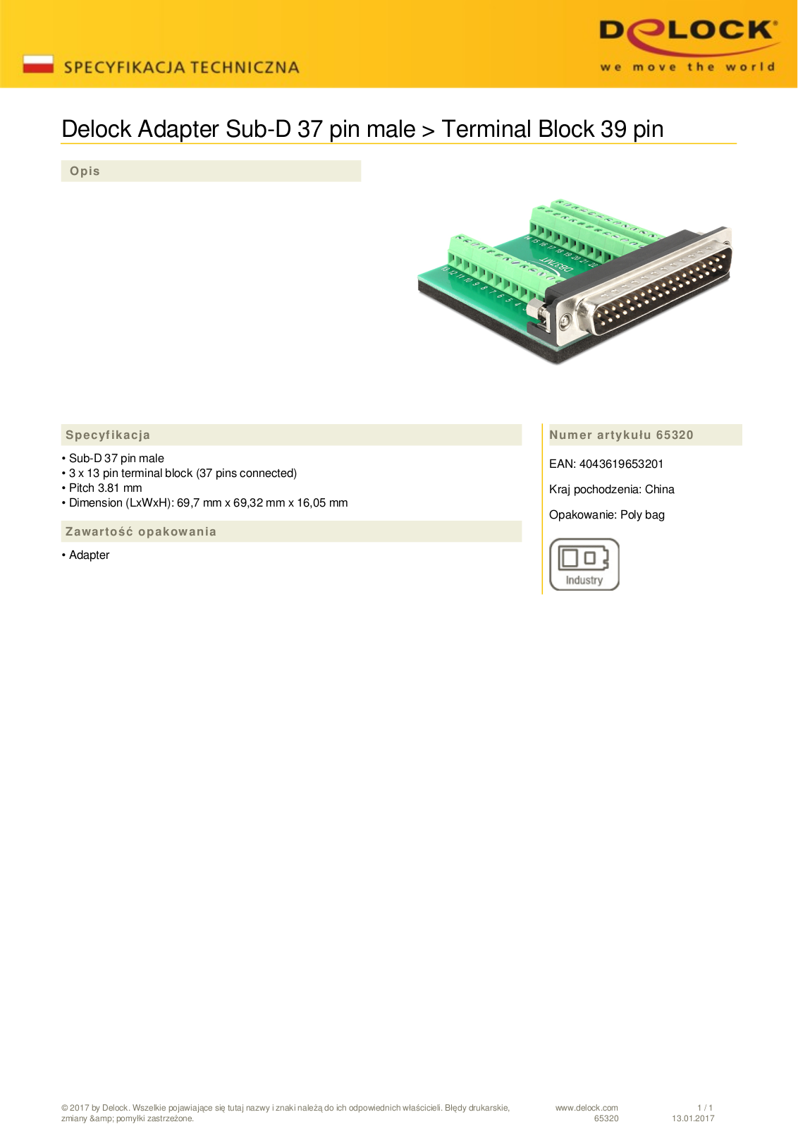 DeLOCK Sub-D 37-Pin  plug  on 39-Pin-Terminalblock adapter User Manual