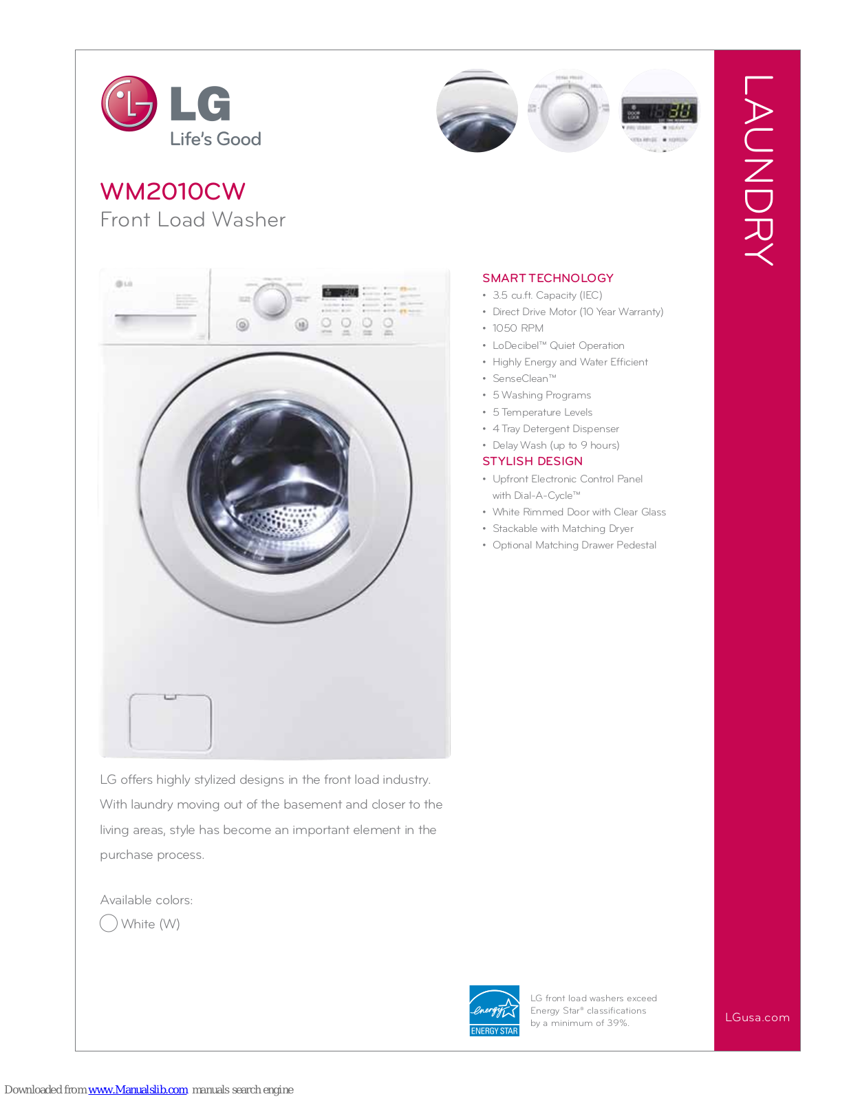 LG WM2010CW - 27in Front-Load Washer, WM2011CW, WM2010CW Specifications