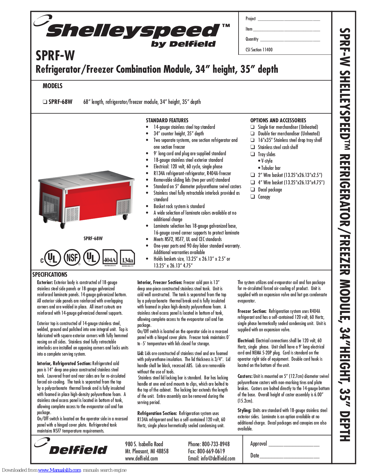 Delfield Shelleyspeed SPRF-68W Specifications