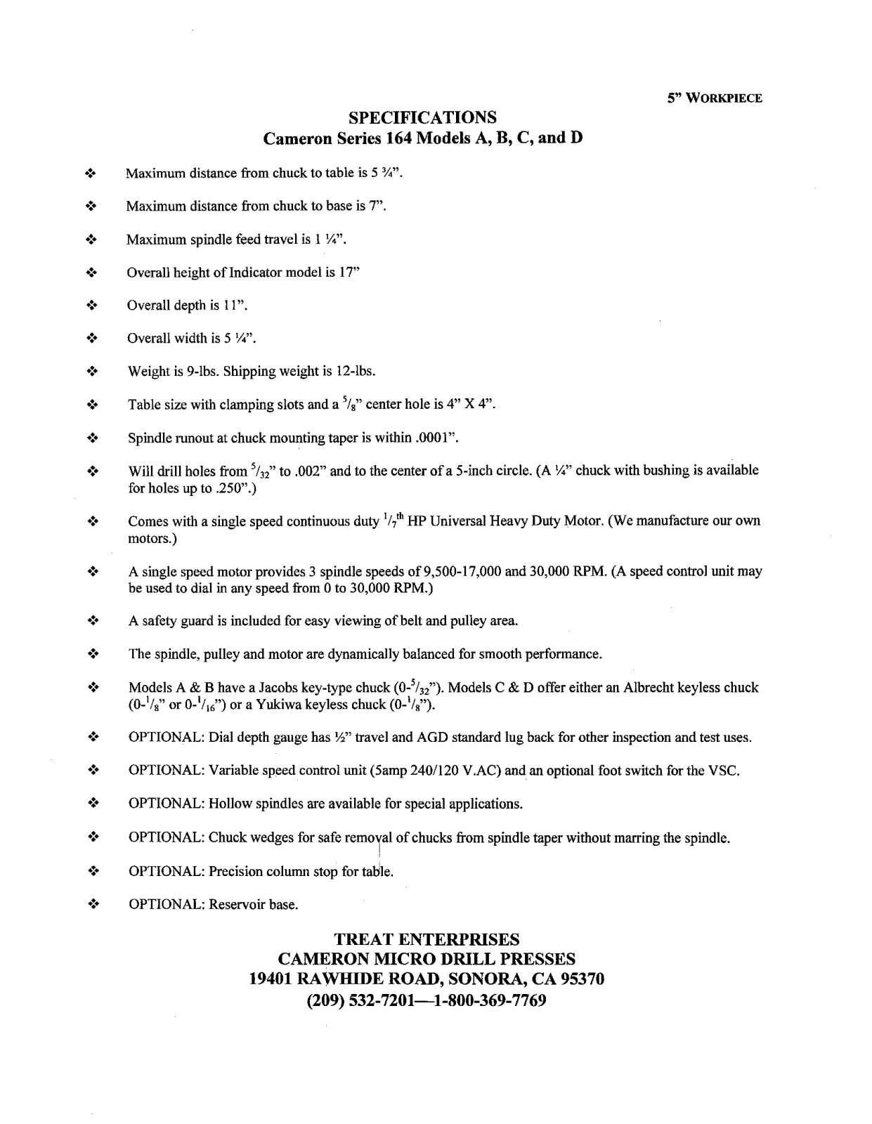 Cameron Precision Engineering Series 164 Models A, B, C, and D Specification Sheet Drill Presses - ManualMachine.com