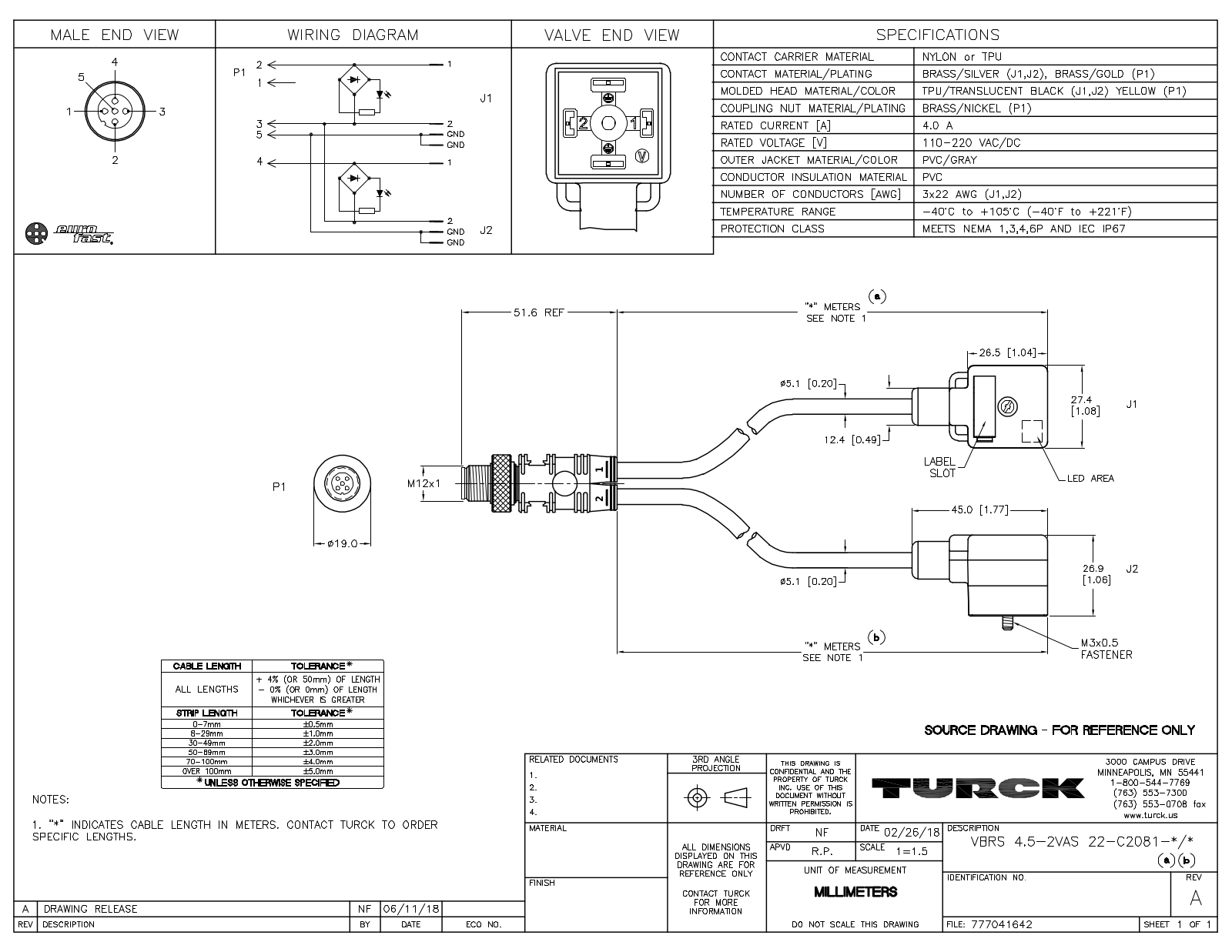 Turck VBRS4.5-2VAS22-C2081-2/2 Specification Sheet