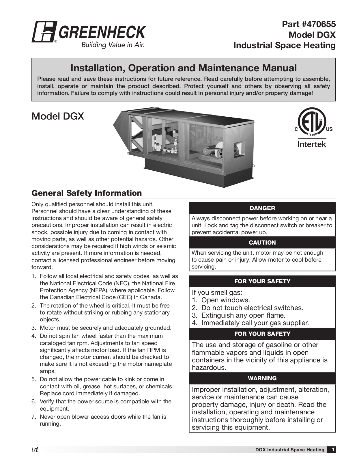 Greenheck Fan DGX 470655 User Manual