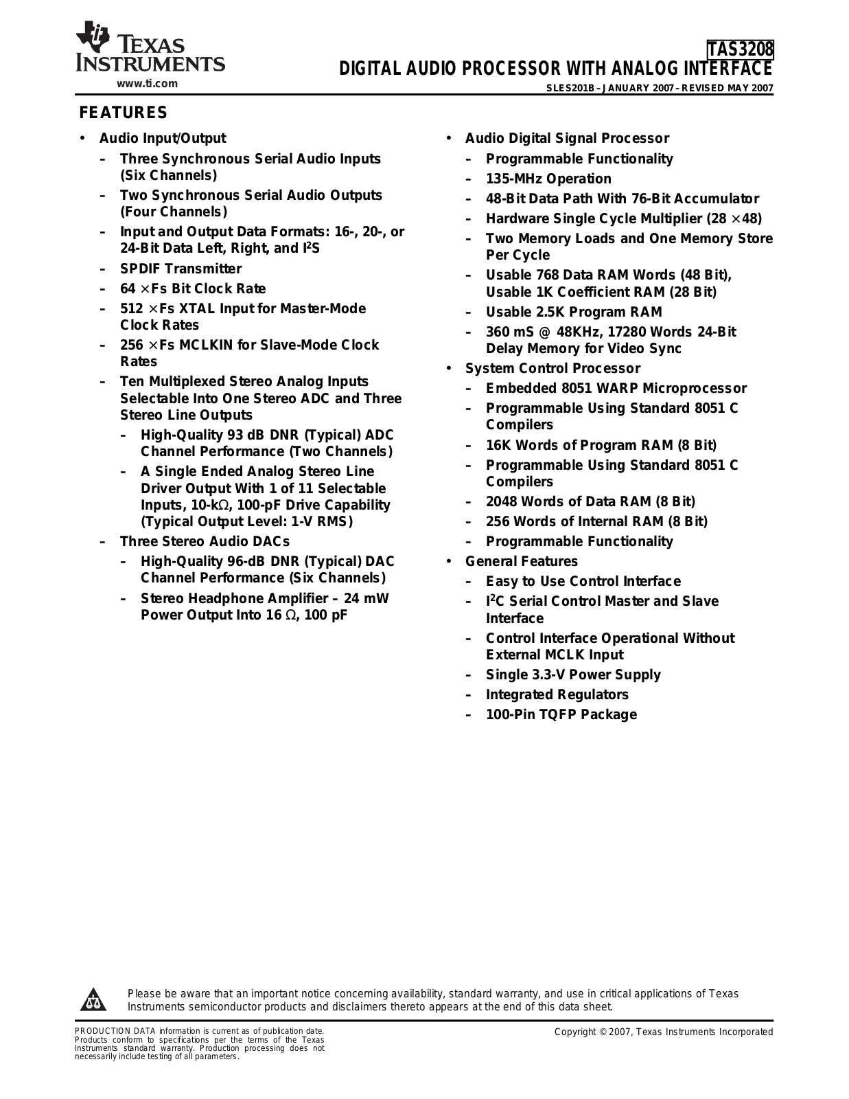 Texas Instruments TAS3208PZP, TAS3208 Datasheet