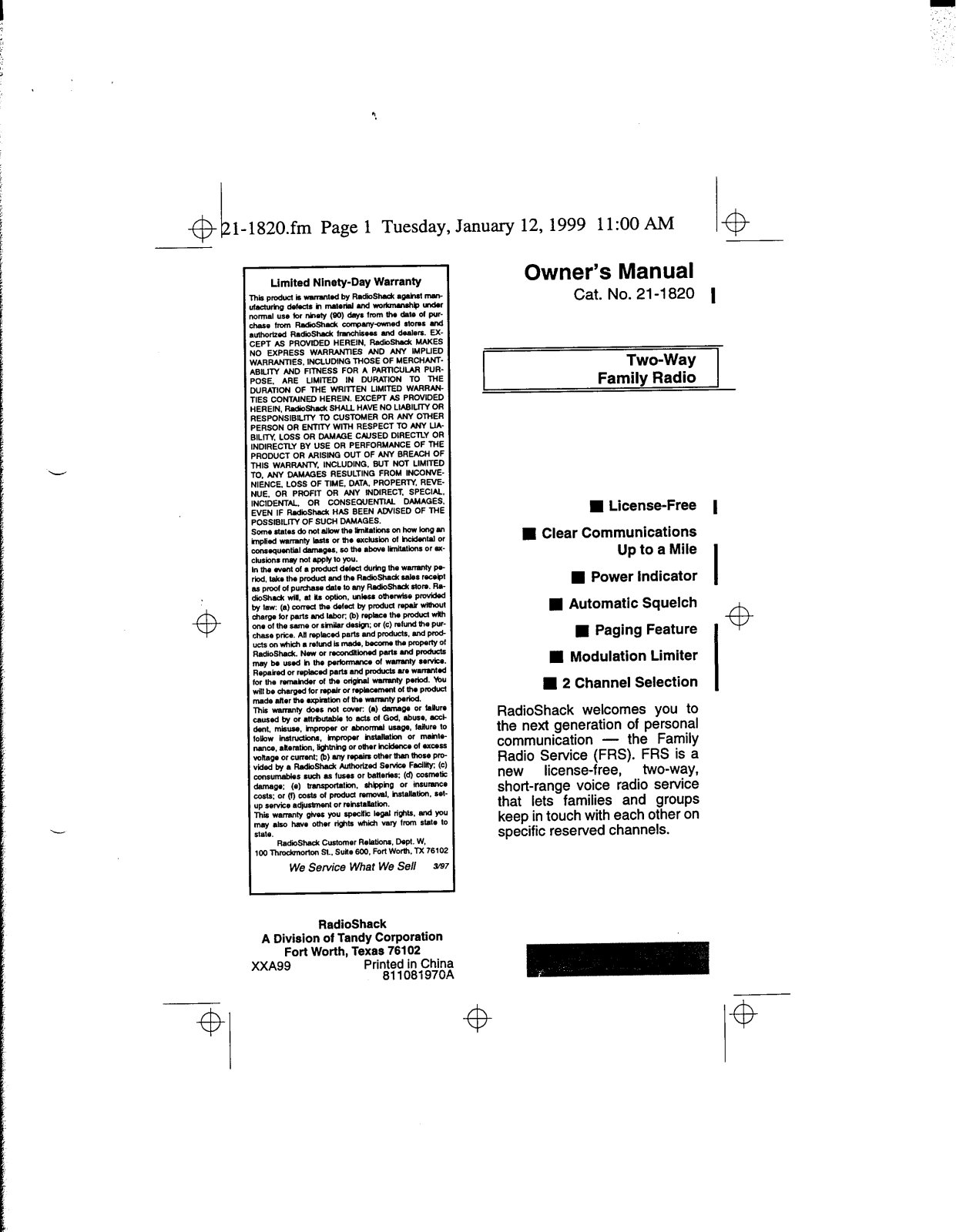 Radio Shack 2101820 User Manual