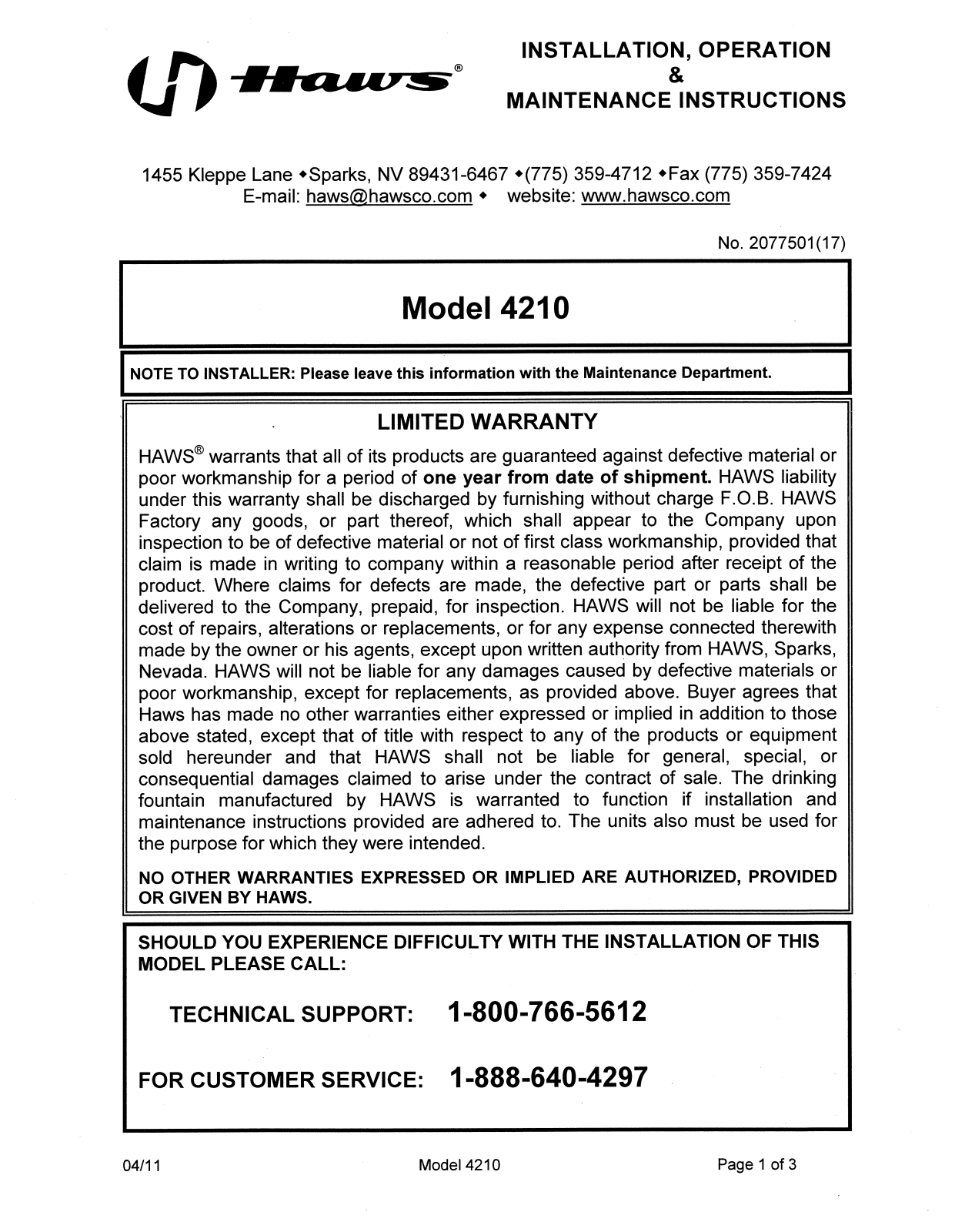 Haws 4210 User Manual