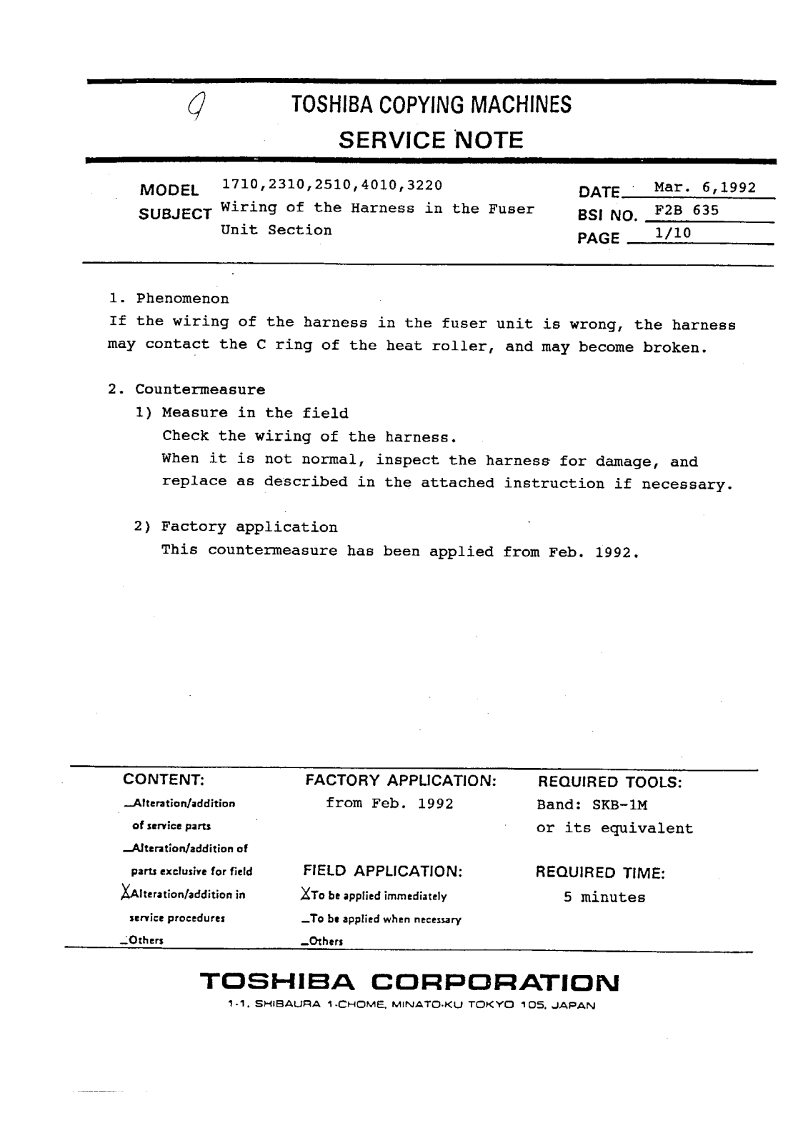 Toshiba f2b635 Service Note