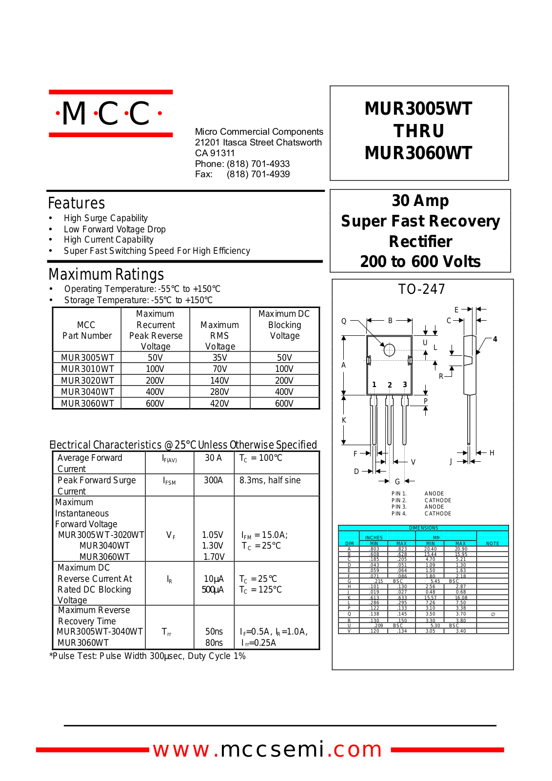 MCC MUR3060WT, MUR3020WT, MUR3010WT, MUR3005WT Datasheet