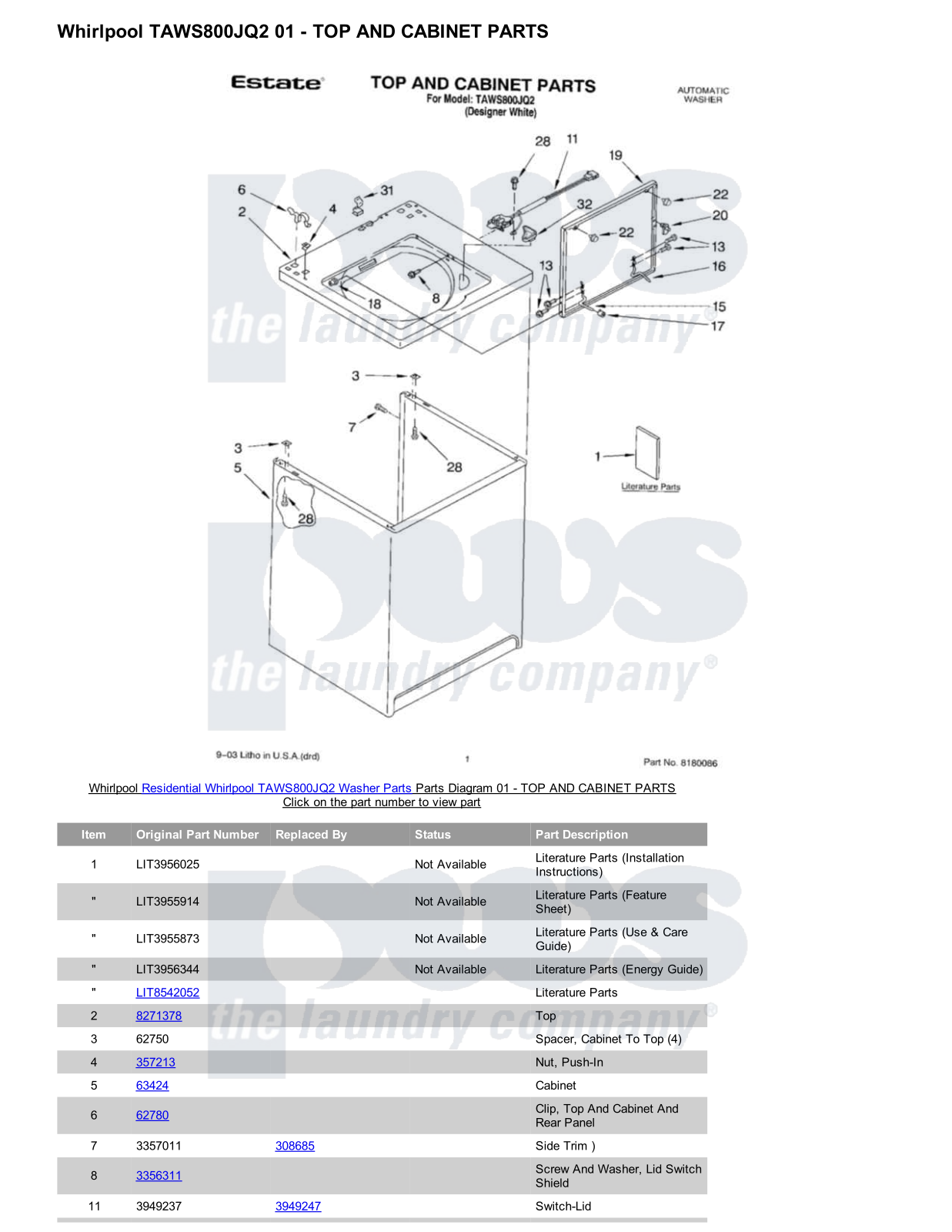 Whirlpool TAWS800JQ2 Parts Diagram