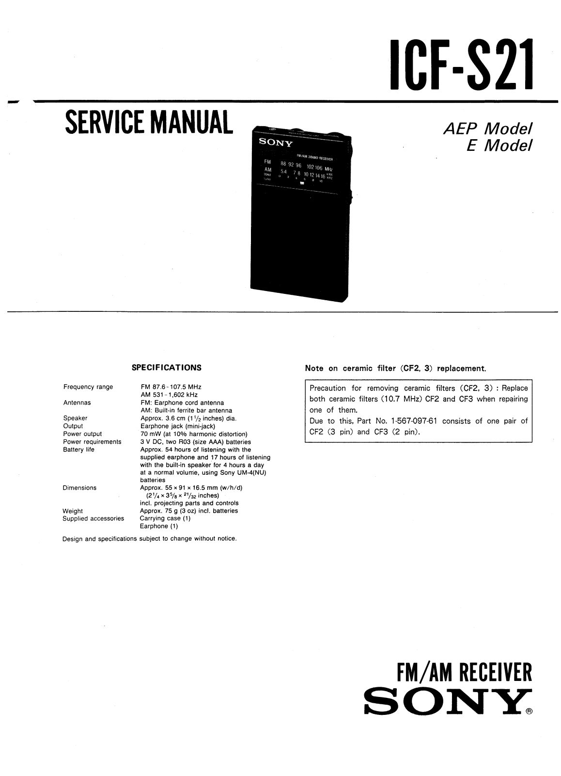 Sony ICFS-21 Service manual