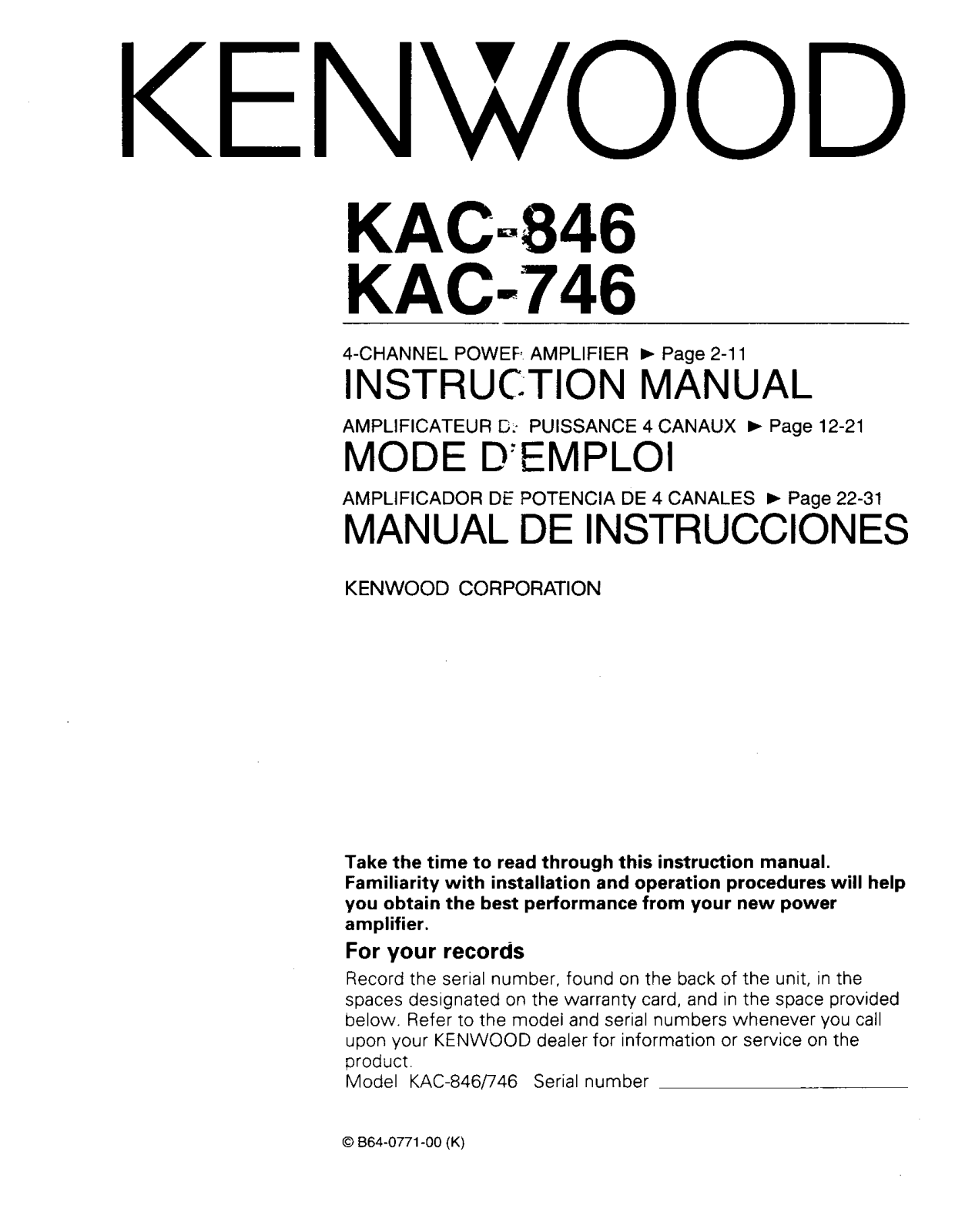 Kenwood KAC-846, KAC-746 Owner's Manual
