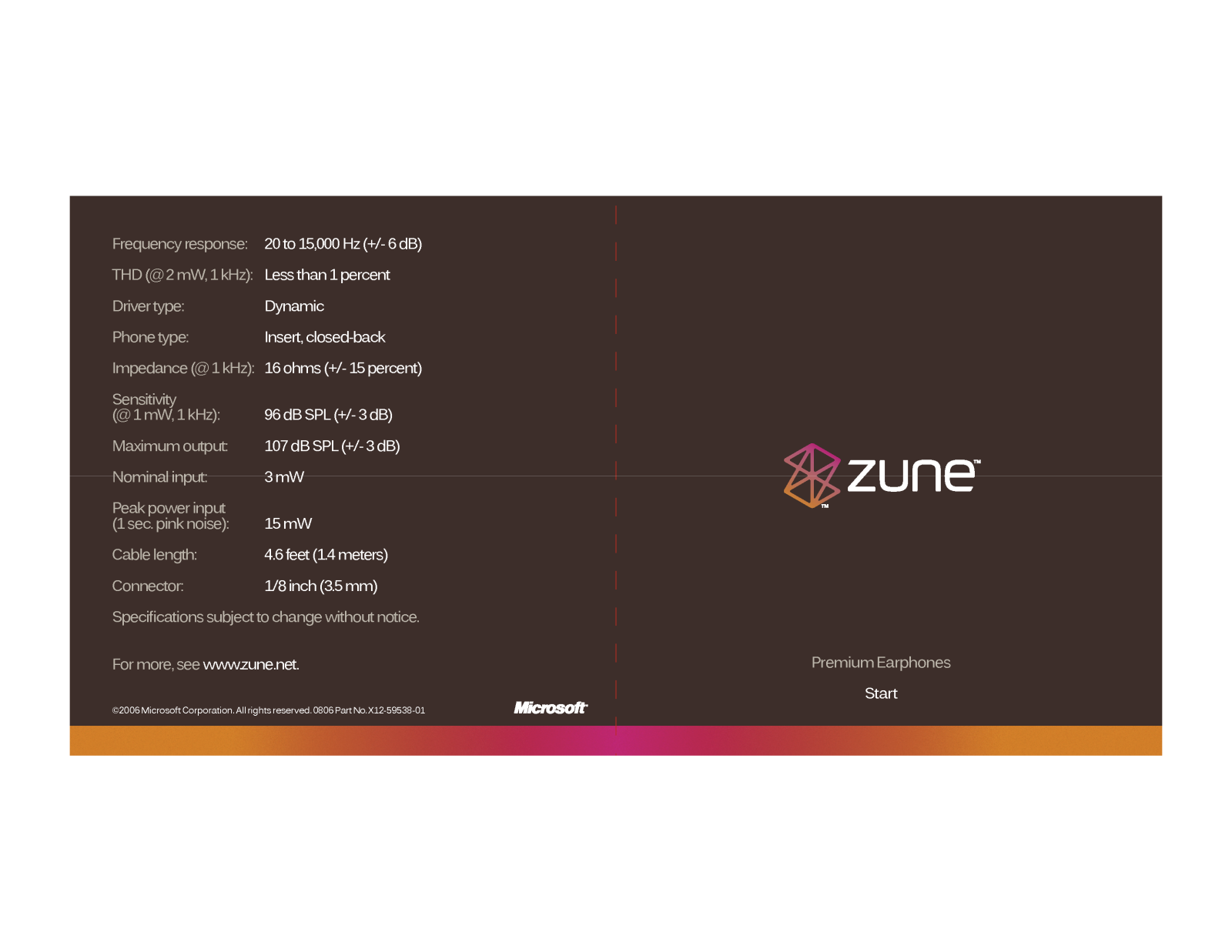 ZUNE Premium earphones specifications