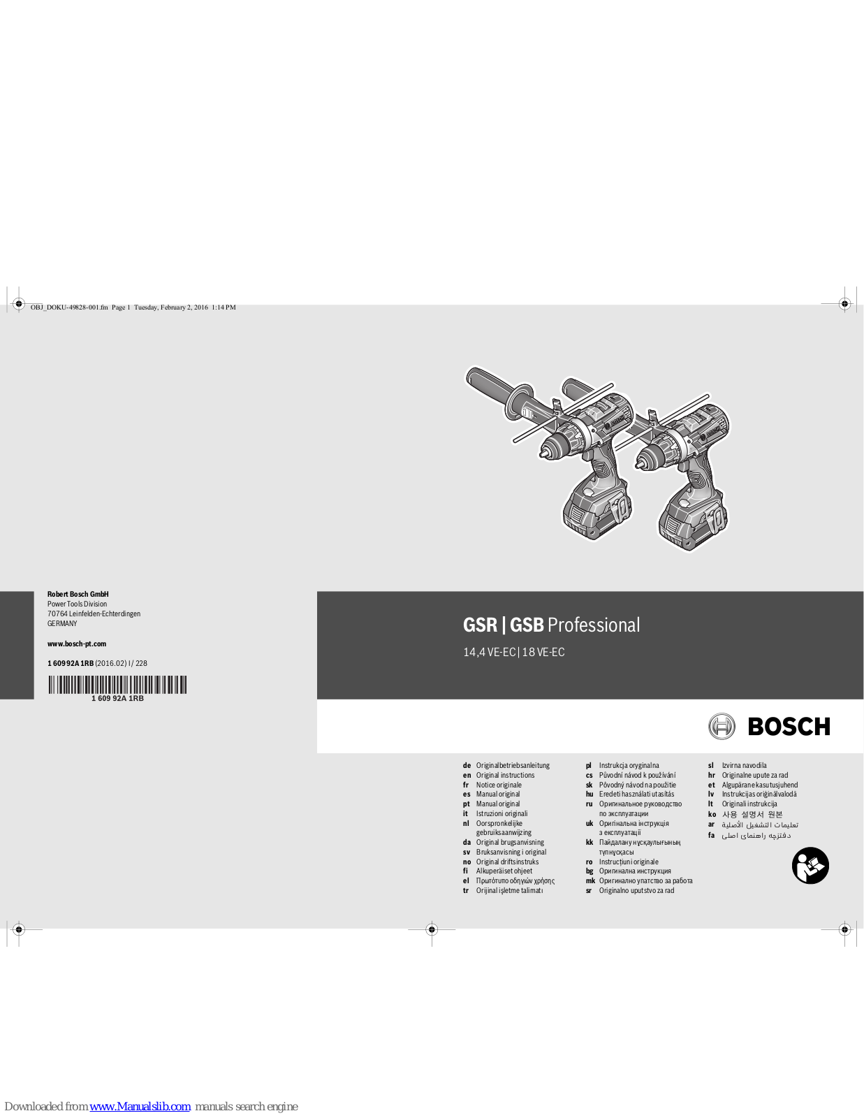 Bosch GSB Professional 14.4 VE-EC, GSB Professional 18 VE-EC, GSR Professional 14.4 VE-EC, GSR Professional 18 VE-EC Original Instructions Manual