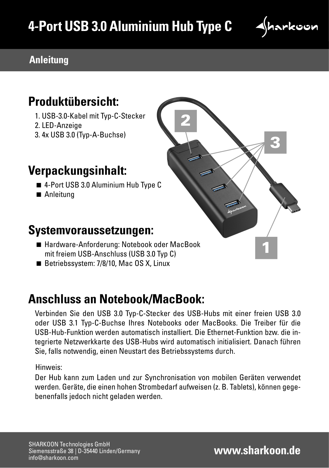 Sharkoon 4-Port USB 3.0 Aluminium Hub Type C User Manual