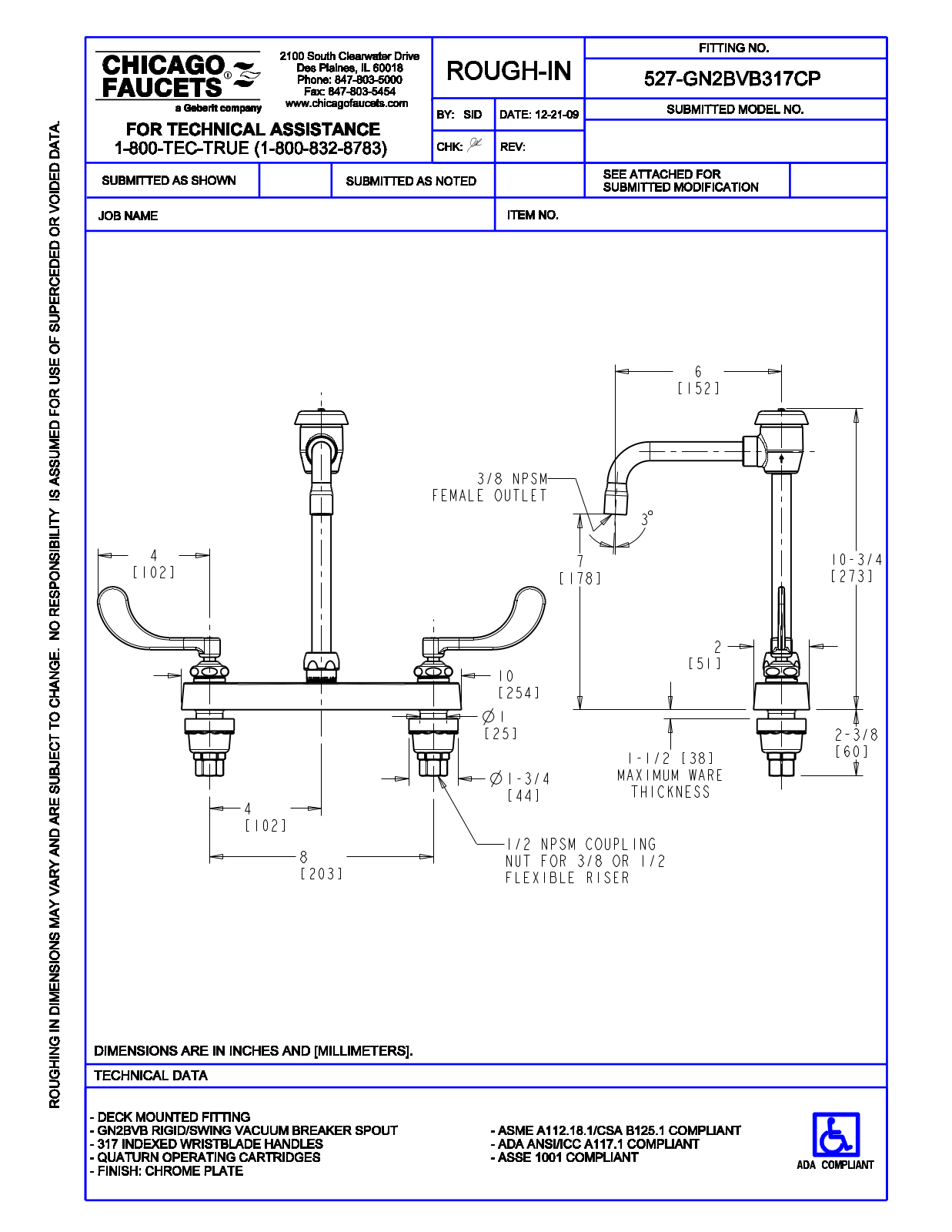 Chicago Faucet 527-GN2BVB317CP User Manual