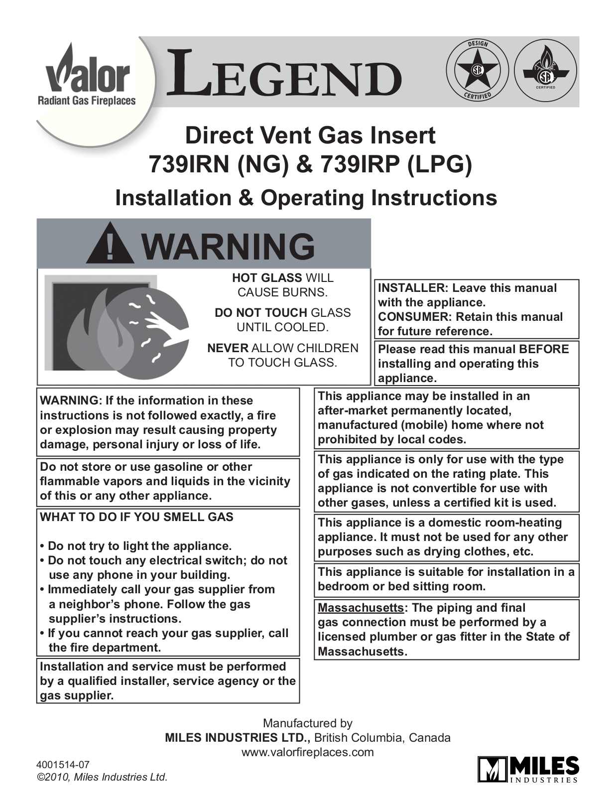 Miles Industries 739IRN NG, 739IRN, 739IRP, 739IRP LPG Instructions Manual