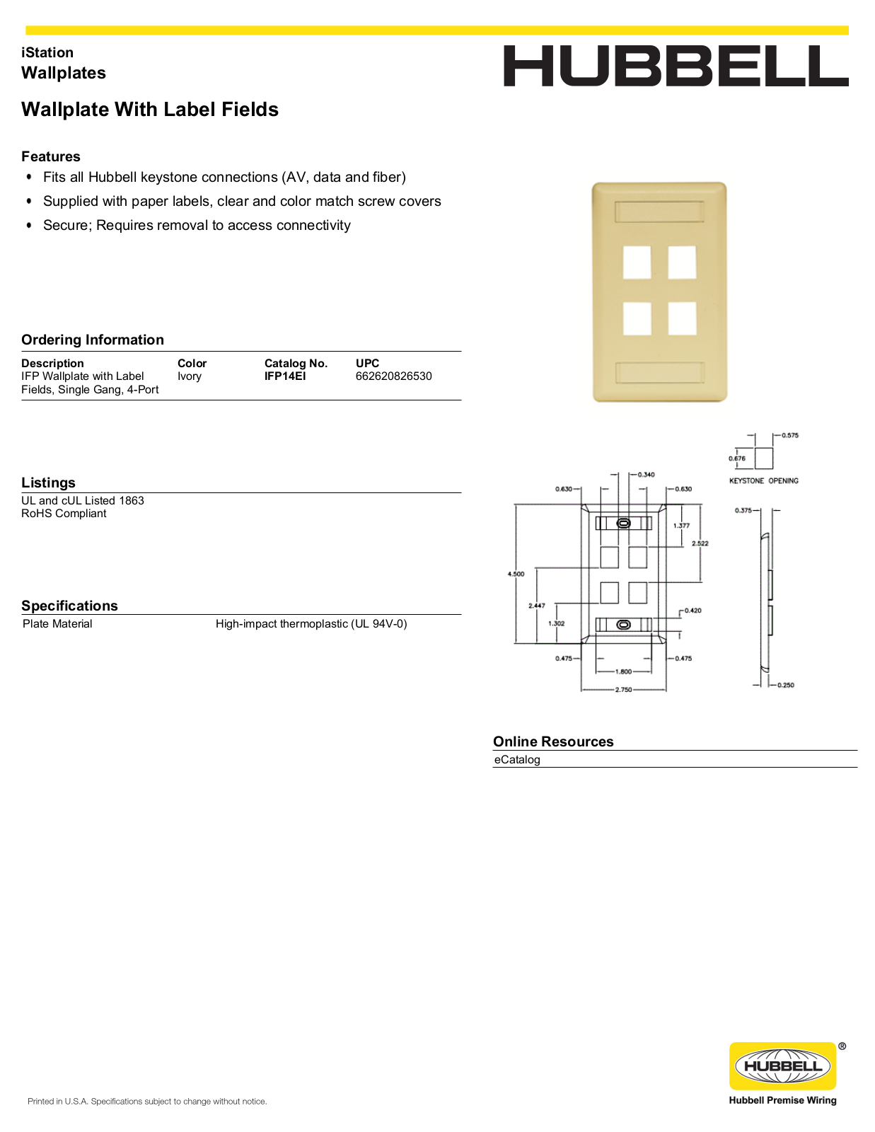 Hubbell IFP14EI Specifications