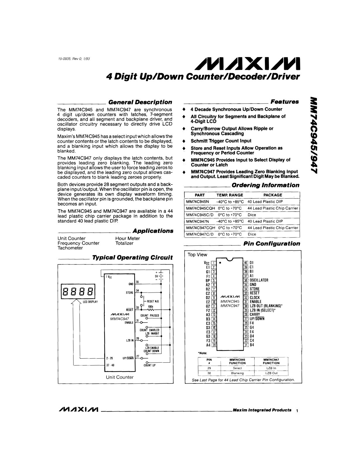 Maxim MM74C947N, MM74C945N, MM74C945CQH, MM74C945C-D, MM74C947C-D Datasheet