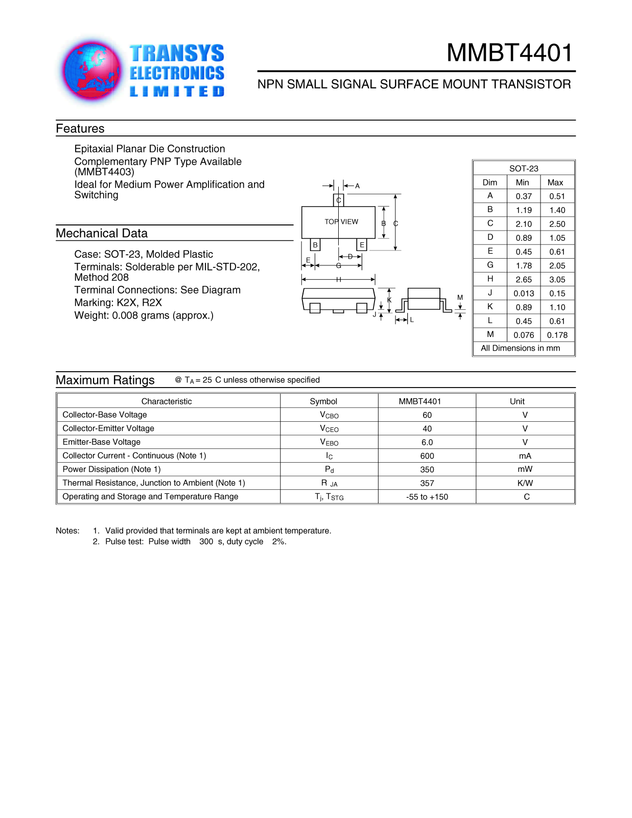 TEL MMBT4401 Datasheet