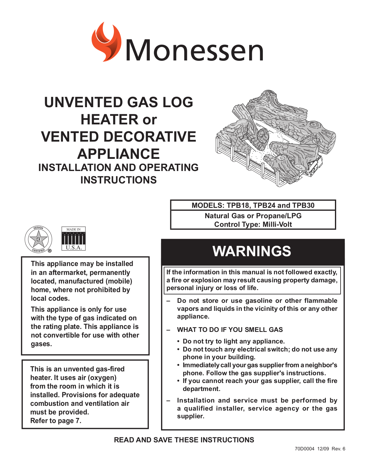 Monessen Hearth TPB18 User Manual