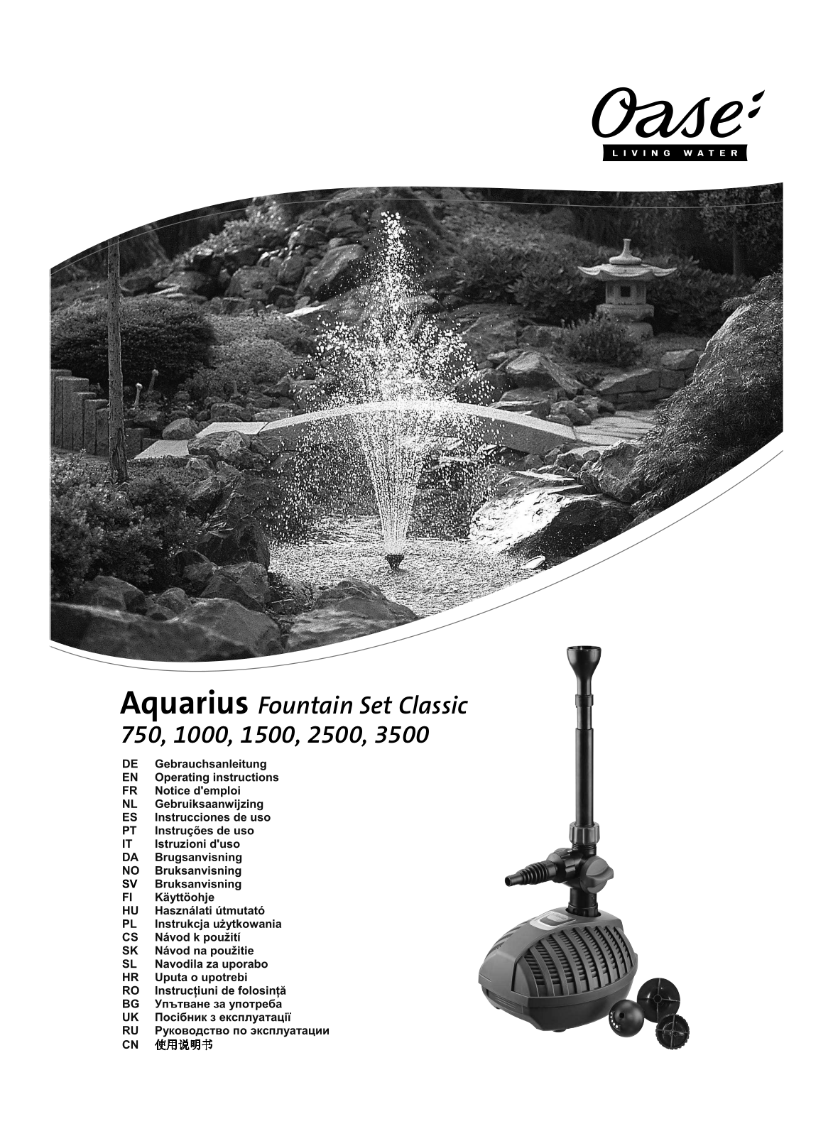 Oase Aquarius Fountain Set Classic Series, Aquarius Fountain Set 1000, Aquarius Fountain Set 2500, Aquarius Fountain Set 750, Aquarius Fountain Set 1500 Operating Instructions Manual