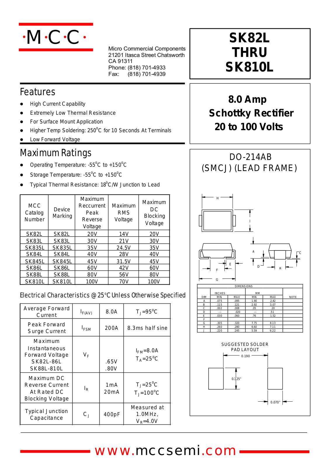 MCC SK810L, SK845L, SK84L, SK86L, SK88L Datasheet