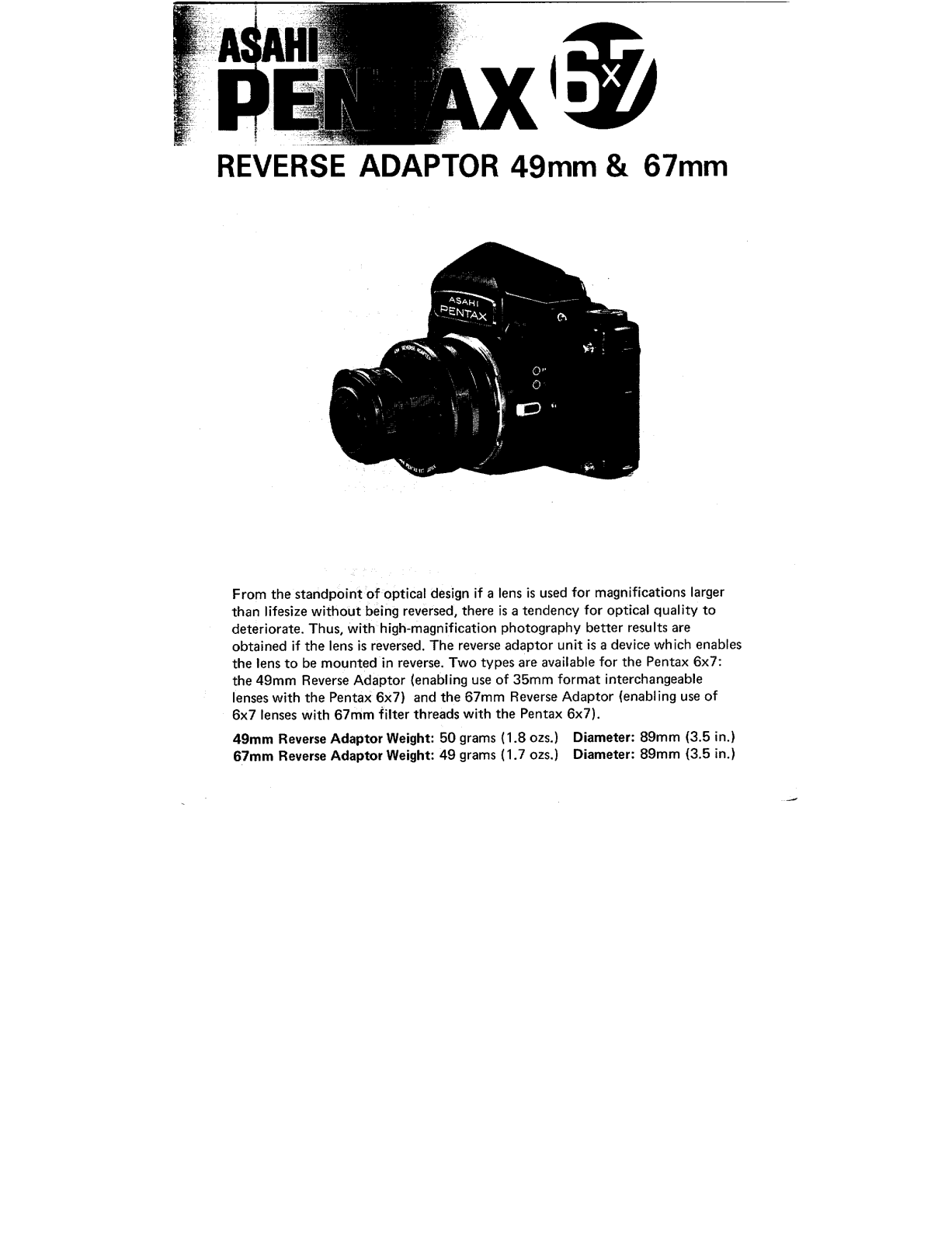 Pentax 6X7 REVERSE ADAPTER 49MM & 67MM Operating Manual