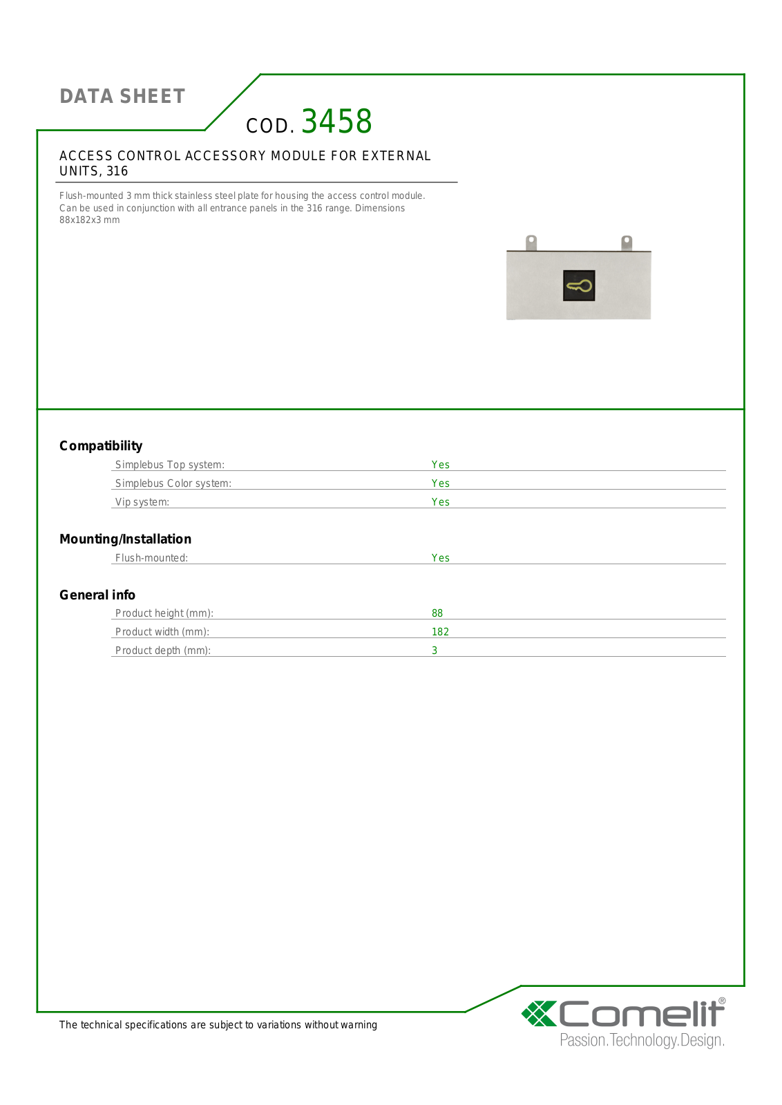 Comelit 3458 Specsheet