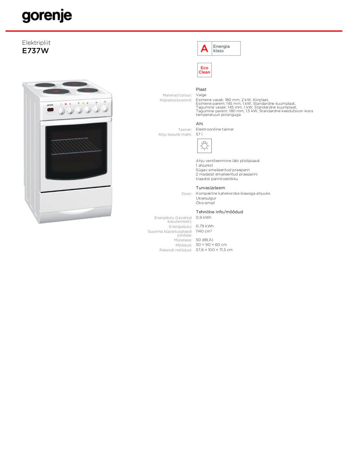 Gorenje ELEKTRIPLIIT E737W DATASHEET