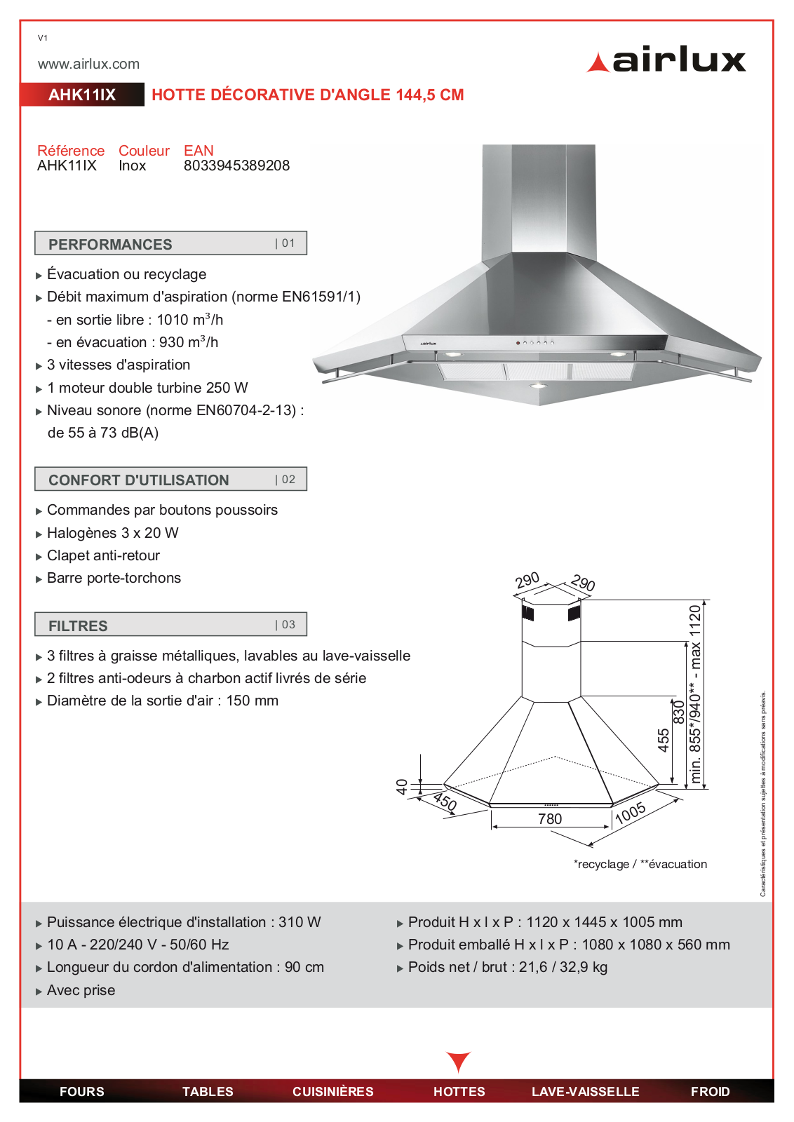 AIRLUX AHK11IX, AHP65IX, AHP95IX, AHT93IX, AHW99BK User Manual