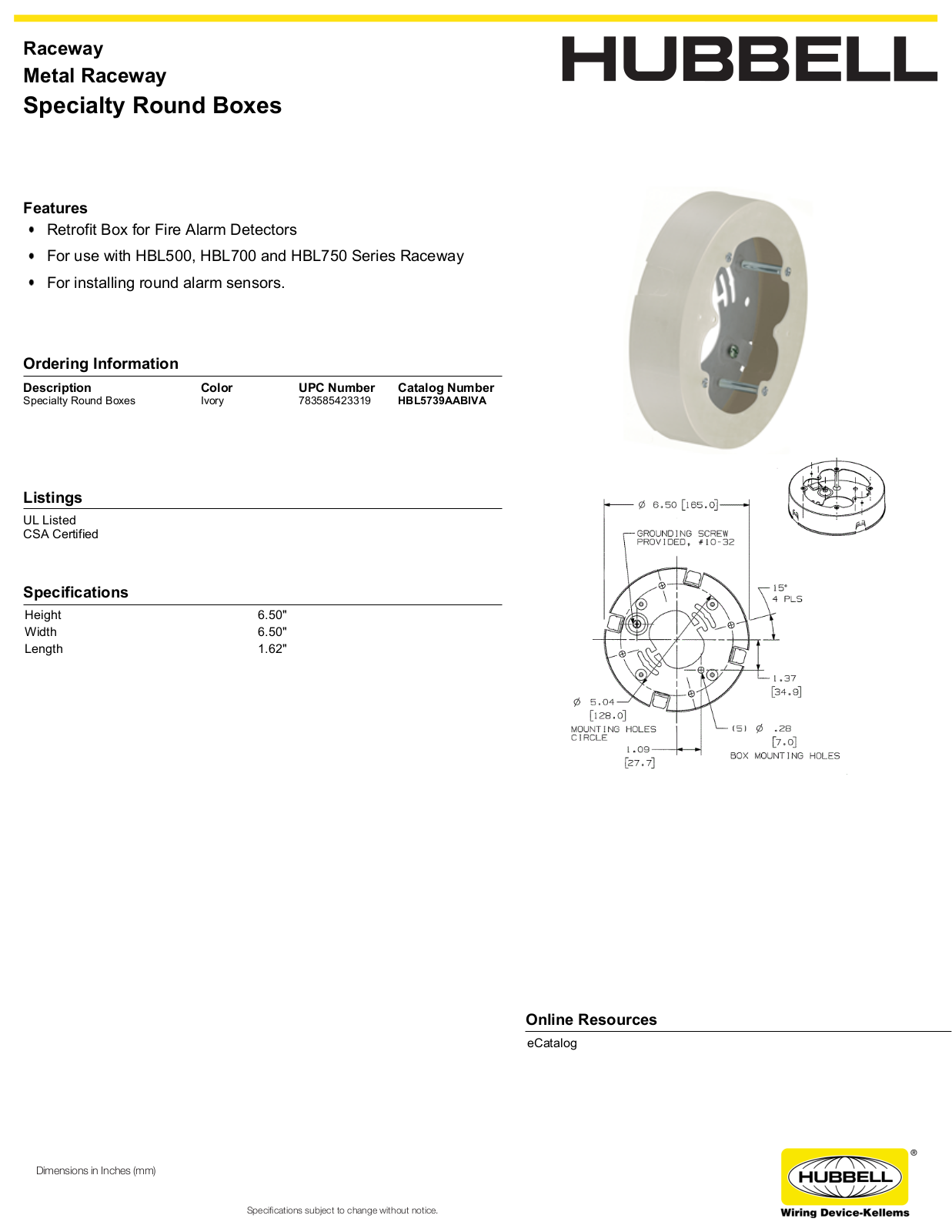 Hubbell HBL5739AABIVA Specifications