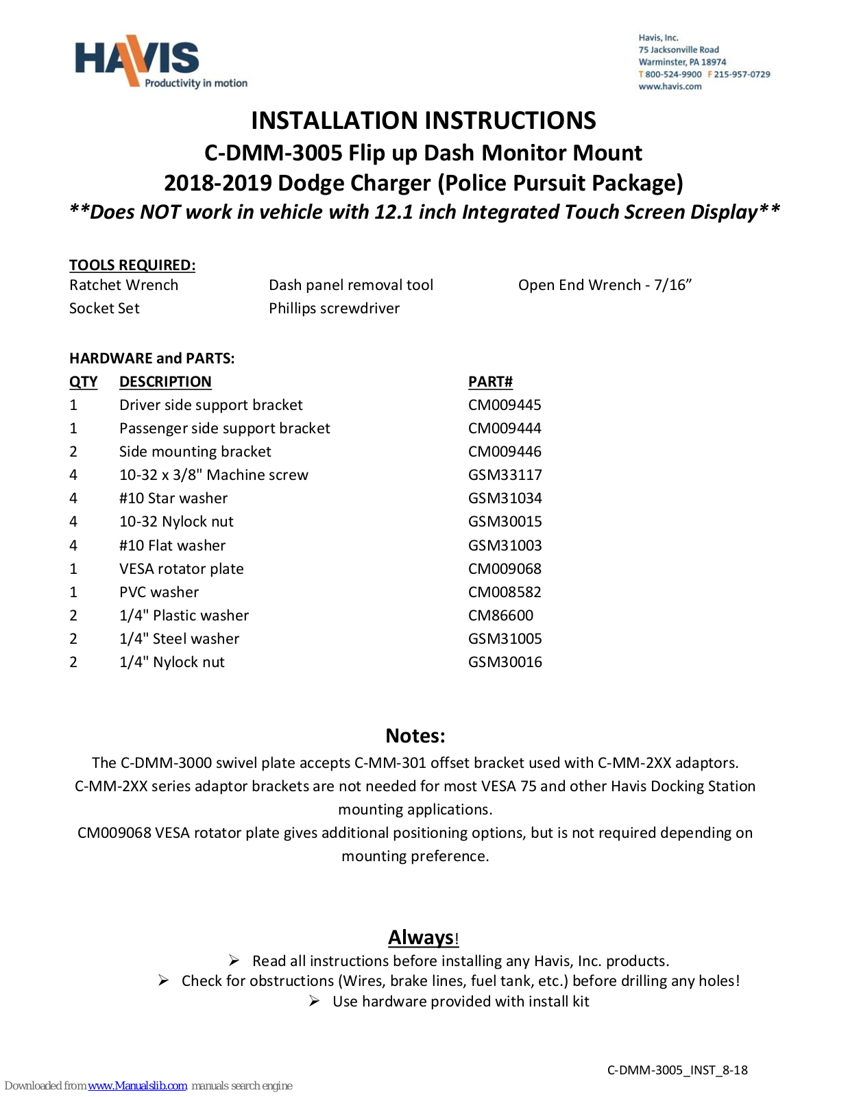 Havis C-DMM-3005 Installation Instructions Manual