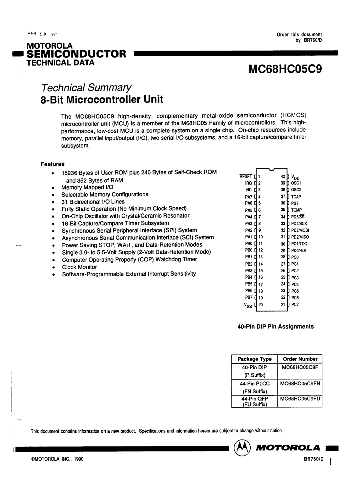 Motorola MC68HC05C9FN, MC68HC05C9FU, MC68HC05C9P Datasheet